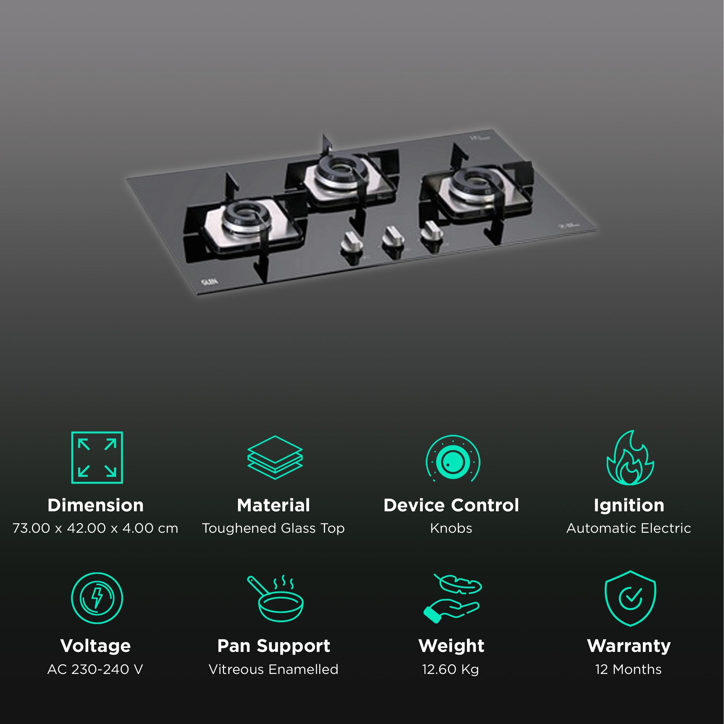 Glen 1073 SQ IN Toughened Glass Top 3 Burner Automatic Electric Hob (Sturdy Pan Support, Black)_3