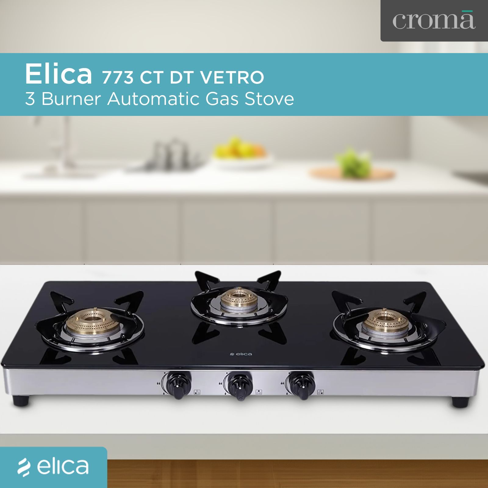 elica 773 CT DT VETRO Toughened Glass Top 3 Burner Automatic Gas Stove (Round Euro Coated Grid, Black)_6