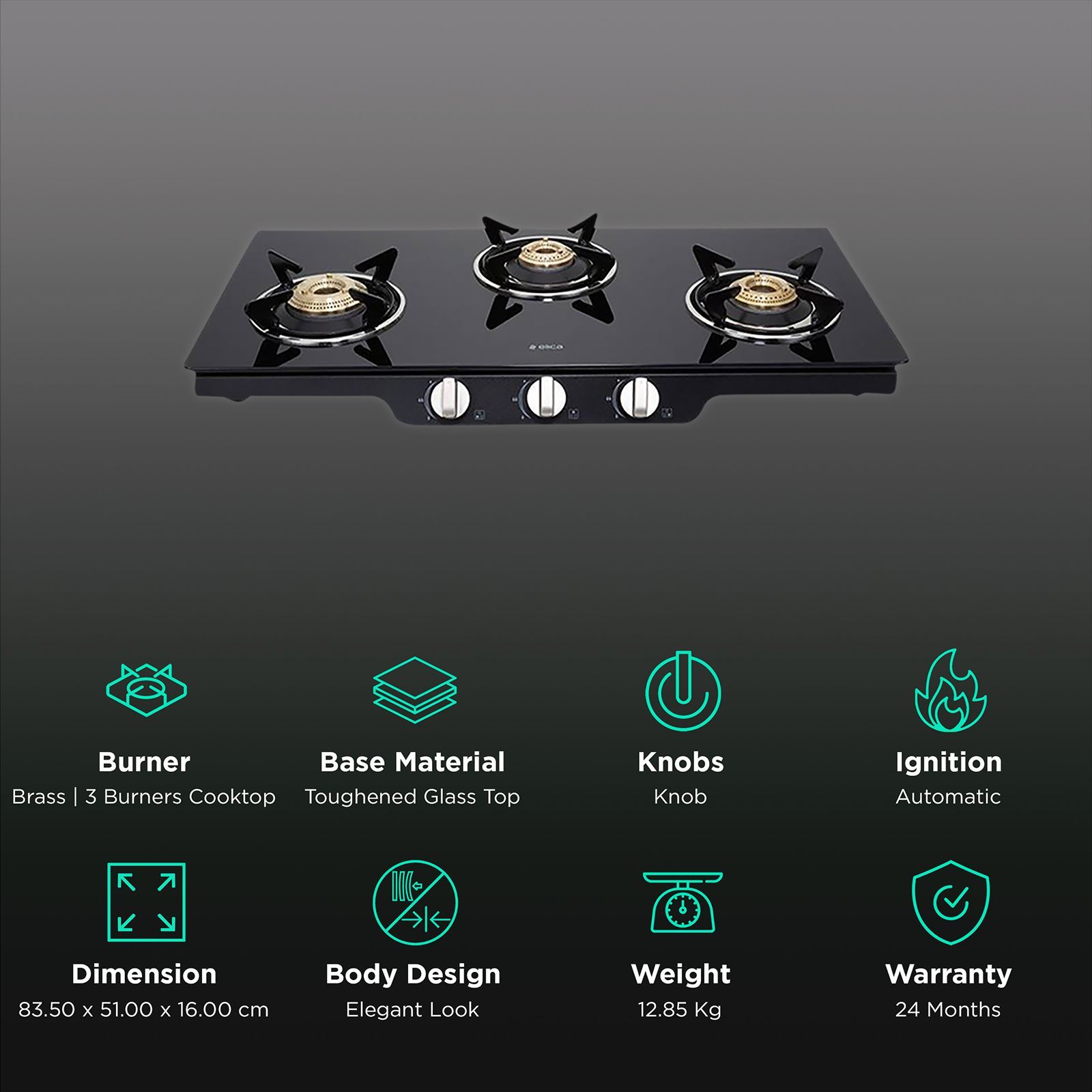 Elica Patio ICT 773 BK(DT AI SE) Toughened Glass Top 3 Burner Automatic Gas Stove (Euro Coated Grid, Black) Elica Patio ICT 773 BK(DT AI SE) Toughened Glass Top 3 Burner Automatic Gas Stove (Euro Coated Grid, Black)_3