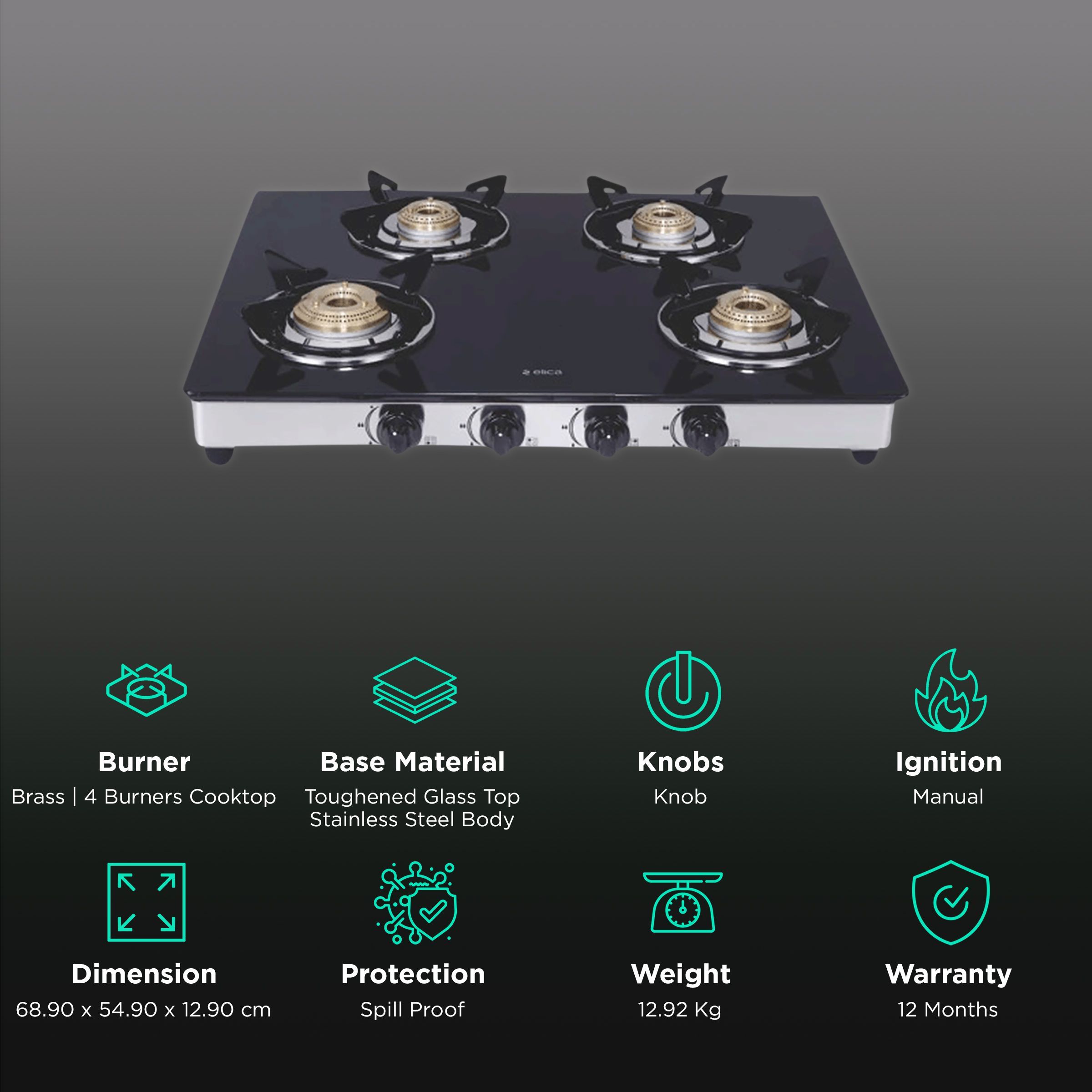 Elica 694 CT DT VETRO Toughened Glass Top 4 Burner Manual Gas Stove (Round Euro Coated Grid, Black)_3