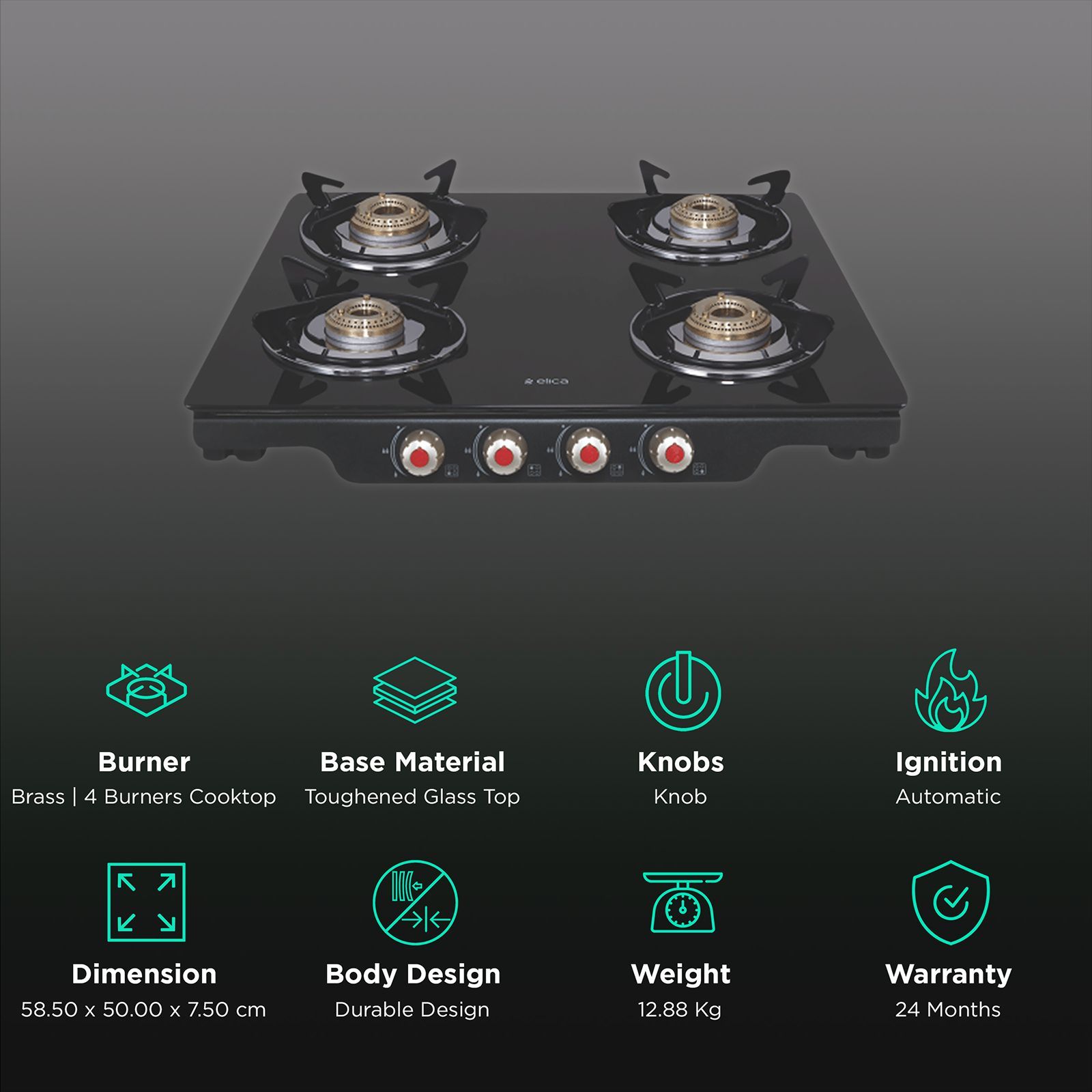 Elica Patio ICT 460 BK DT AI SE Toughened Glass Top 4 Burner Automatic Gas Stove (Heavy Duty, Black)_3