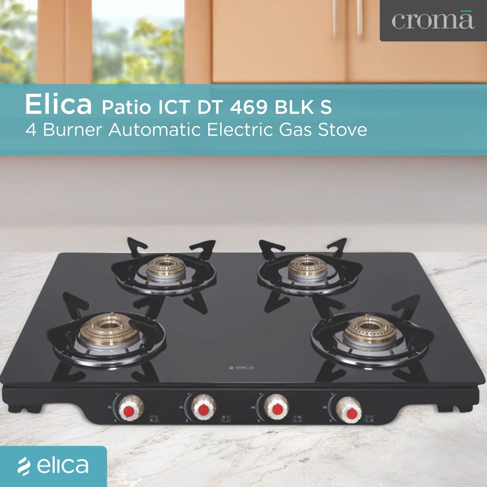 Elica Patio ICT DT 469 BLK S Glass Top 4 Burner Automatic Electric Gas Stove (Round Euro Coated Grid, Black)_5