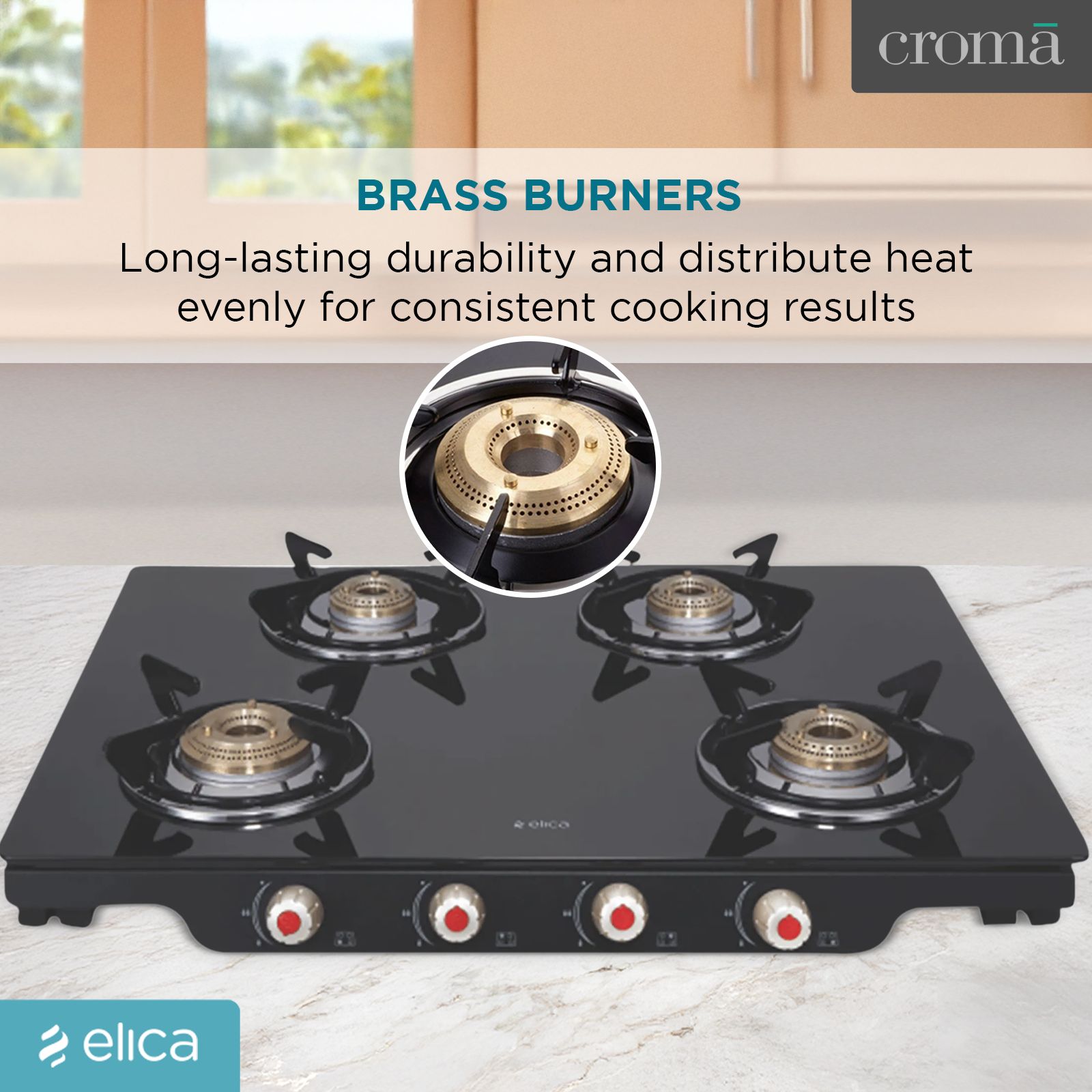 Elica Patio ICT DT 469 BLK S Glass Top 4 Burner Automatic Electric Gas Stove (Round Euro Coated Grid, Black)_6