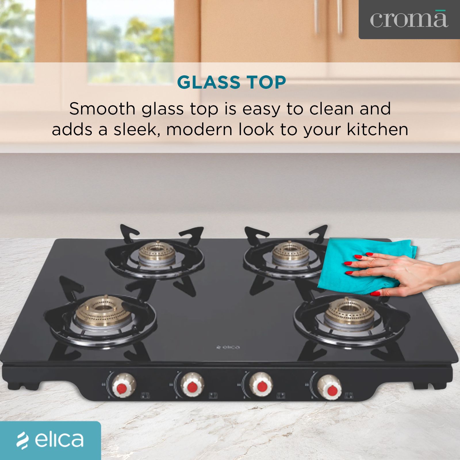Elica Patio ICT DT 469 BLK S Glass Top 4 Burner Automatic Electric Gas Stove (Round Euro Coated Grid, Black)_7
