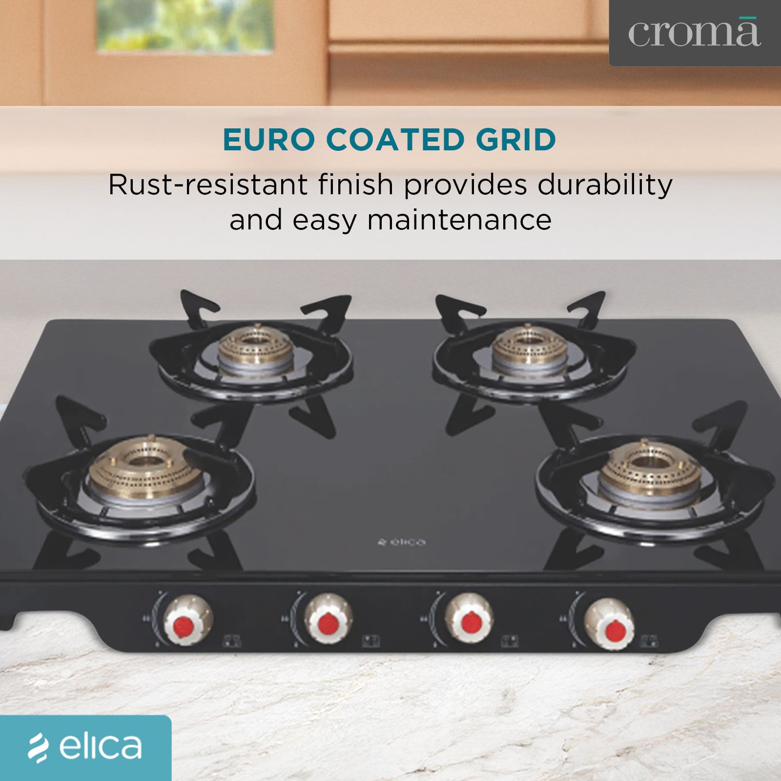 Elica Patio ICT DT 469 BLK S Glass Top 4 Burner Automatic Electric Gas Stove (Round Euro Coated Grid, Black)_9