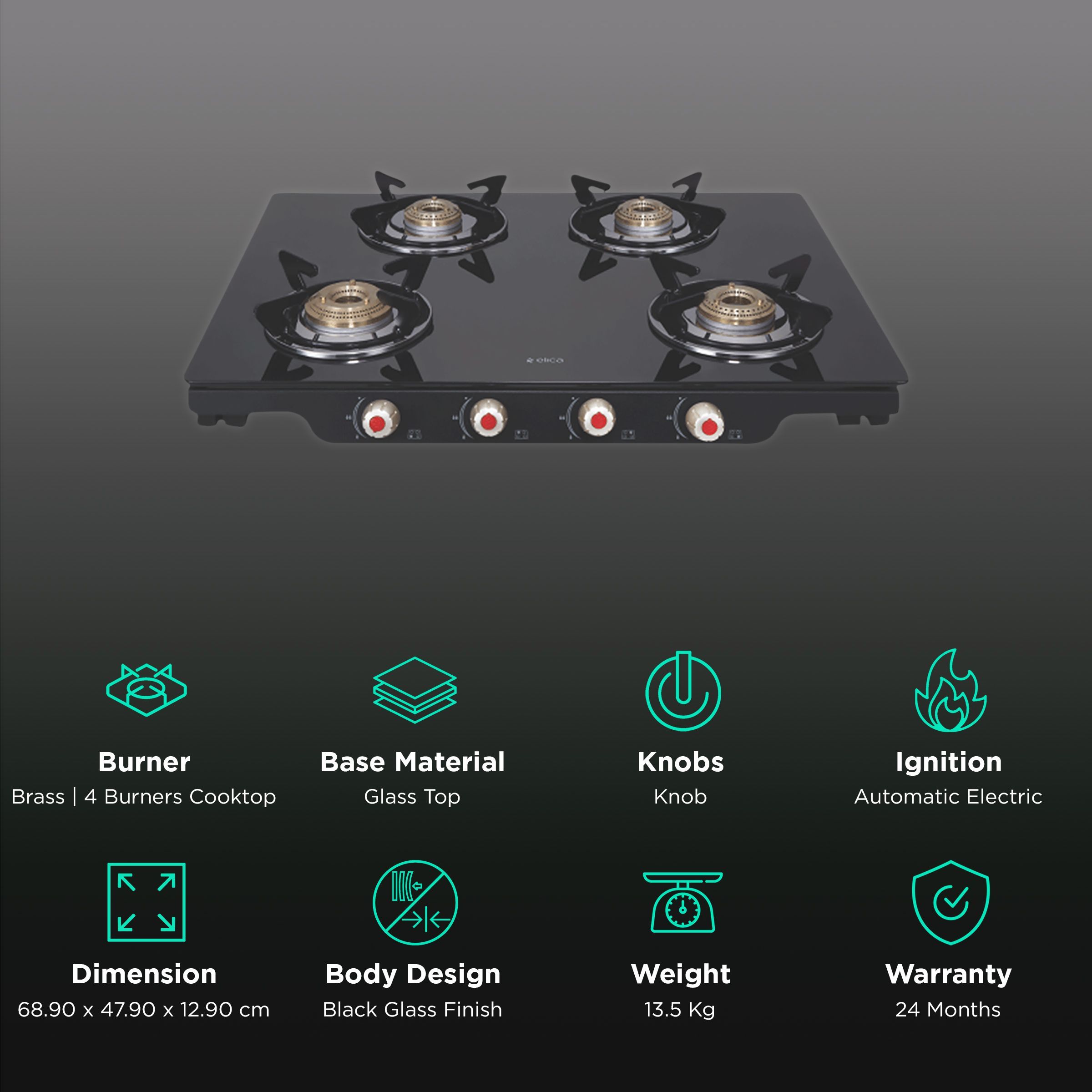 Elica Patio ICT DT 469 BLK S Glass Top 4 Burner Automatic Electric Gas Stove (Round Euro Coated Grid, Black)_3