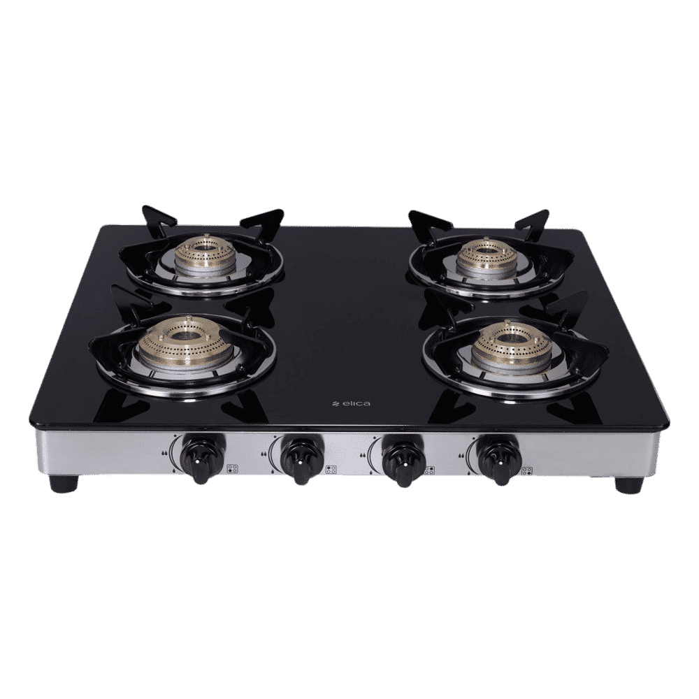 Elica 594 CT DT VETRO 1J Toughened Glass Top 4 Burner Manual Gas Stove (Round Euro Coated Grid, Black)_1
