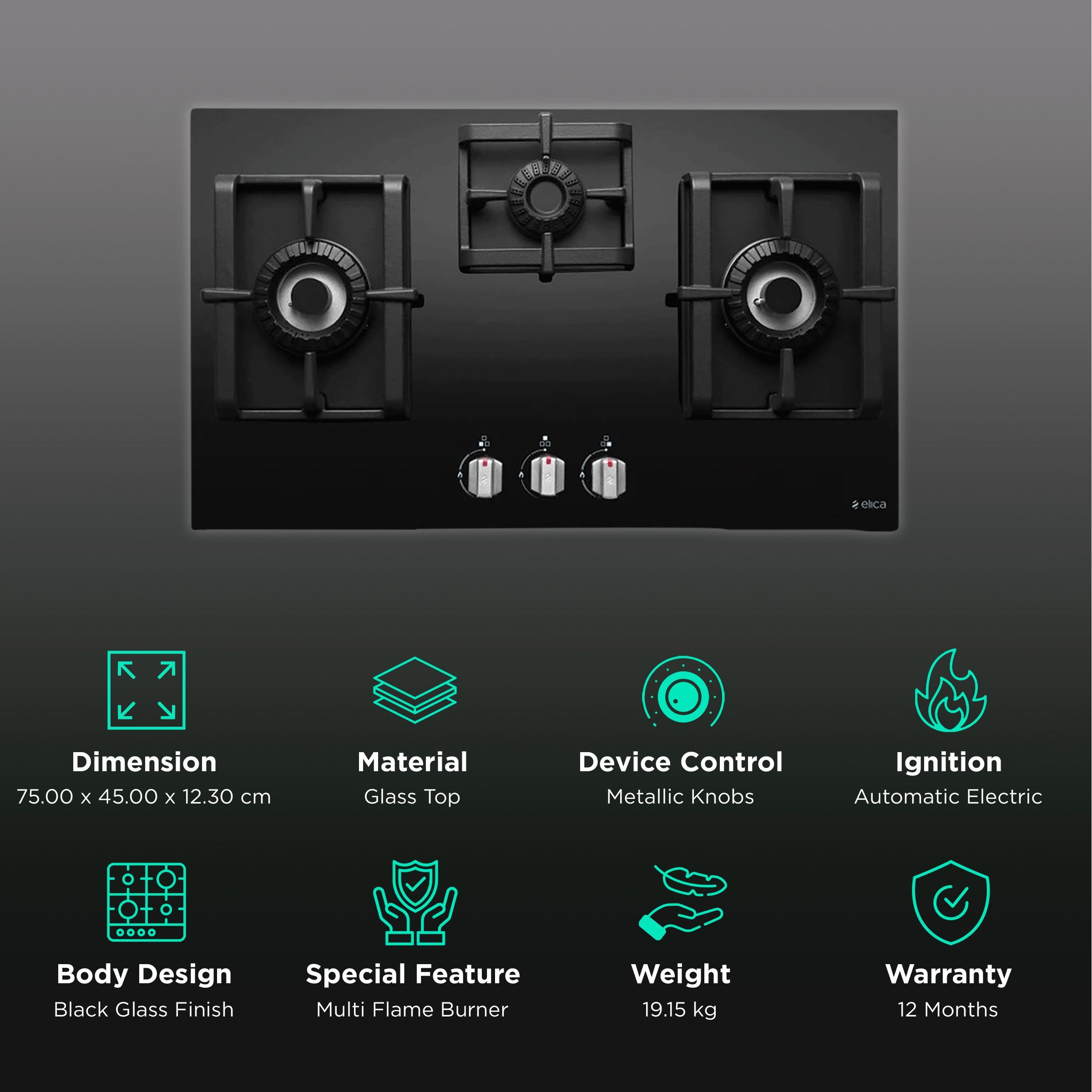 Elica PRO MFC 3B 75 DX SWIRL N Glass Top 3 Burner Automatic Electric Hob (Metallic Knob, Black) Elica PRO MFC 3B 75 DX SWIRL N Glass Top 3 Burner Automatic Electric Hob (Metallic Knob, Black)_3