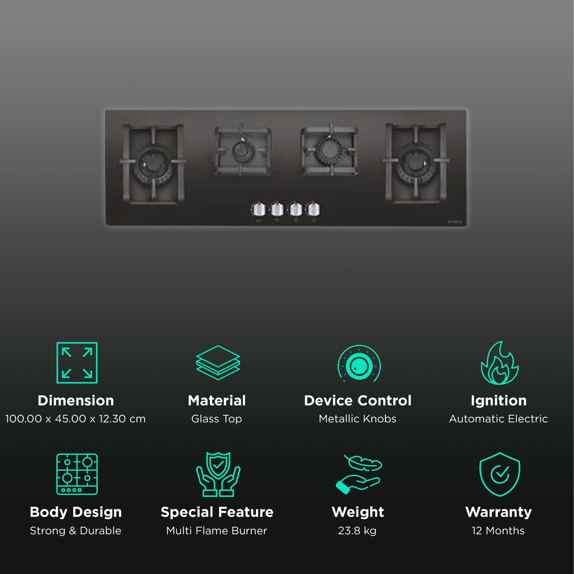 Elica PRO MFC 4B 100 DX SWIRL Glass Top 4 Burner Automatic Electric Hob (Metallic Knob, Black) Elica PRO MFC 4B 100 DX SWIRL Glass Top 4 Burner Automatic Electric Hob (Metallic Knob, Black)_3