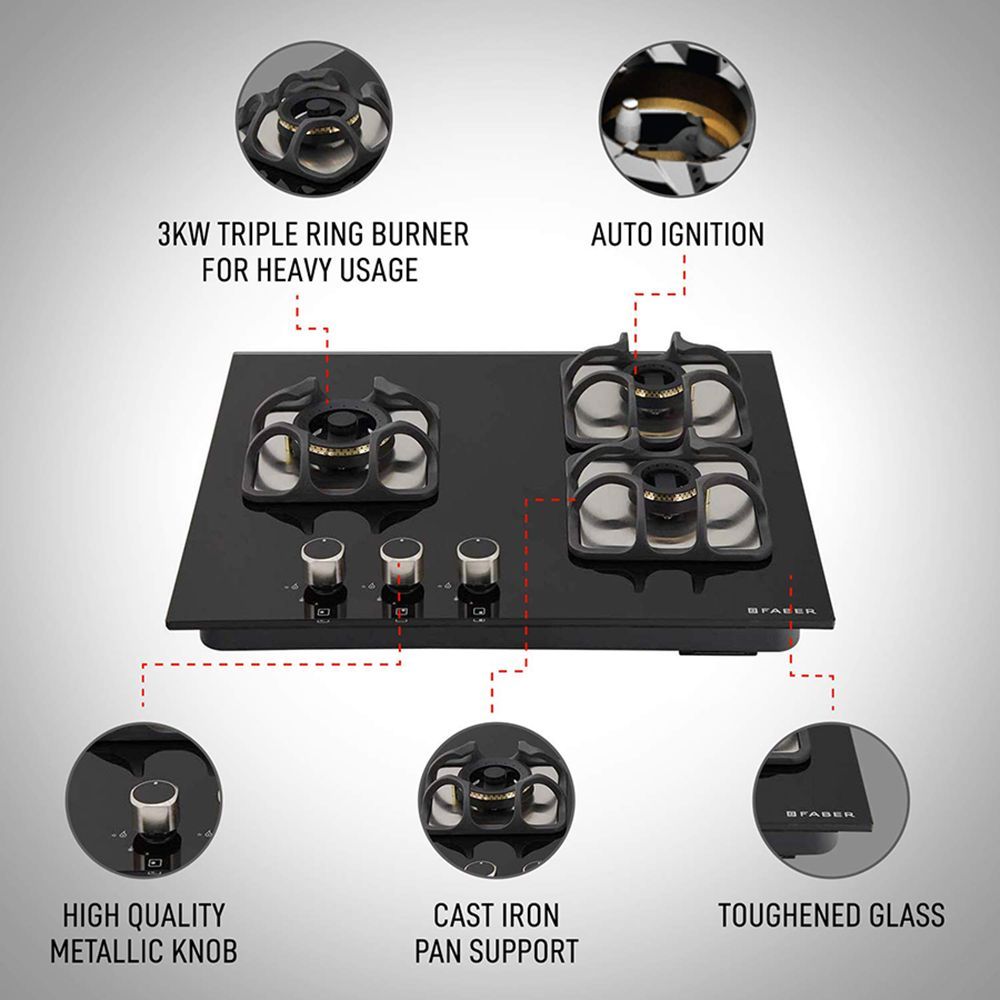 Faber Imperia 603 BRB CI BK Toughened Glass Top 3 Burner Automatic Hob (High Quality Knob, Black)_7