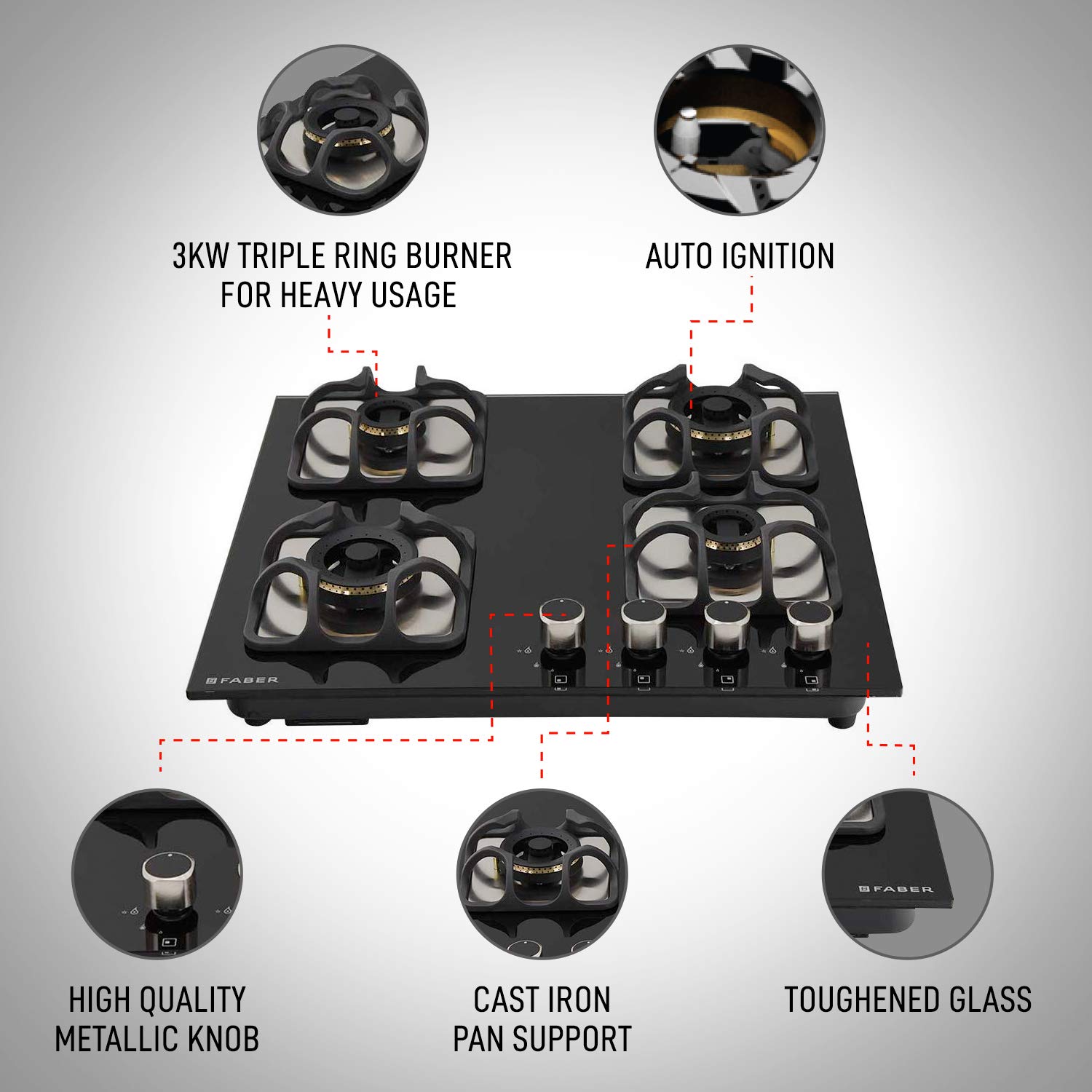 Faber Imperia 604 BRB CI BK Toughened Glass Top 4 Burner Automatic Hob (High Quality Knob, Black) Faber Imperia 604 BRB CI BK Toughened Glass Top 4 Burner Automatic Hob (High Quality Knob, Black)_7