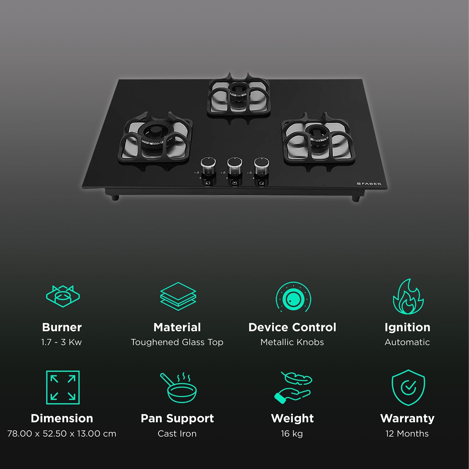 Faber Imperia 783 BRB CI BK Toughened Glass Top 3 Burner Automatic Hob (High Quality Knob, Black) Faber Imperia 783 BRB CI BK Toughened Glass Top 3 Burner Automatic Hob (High Quality Knob, Black)_3