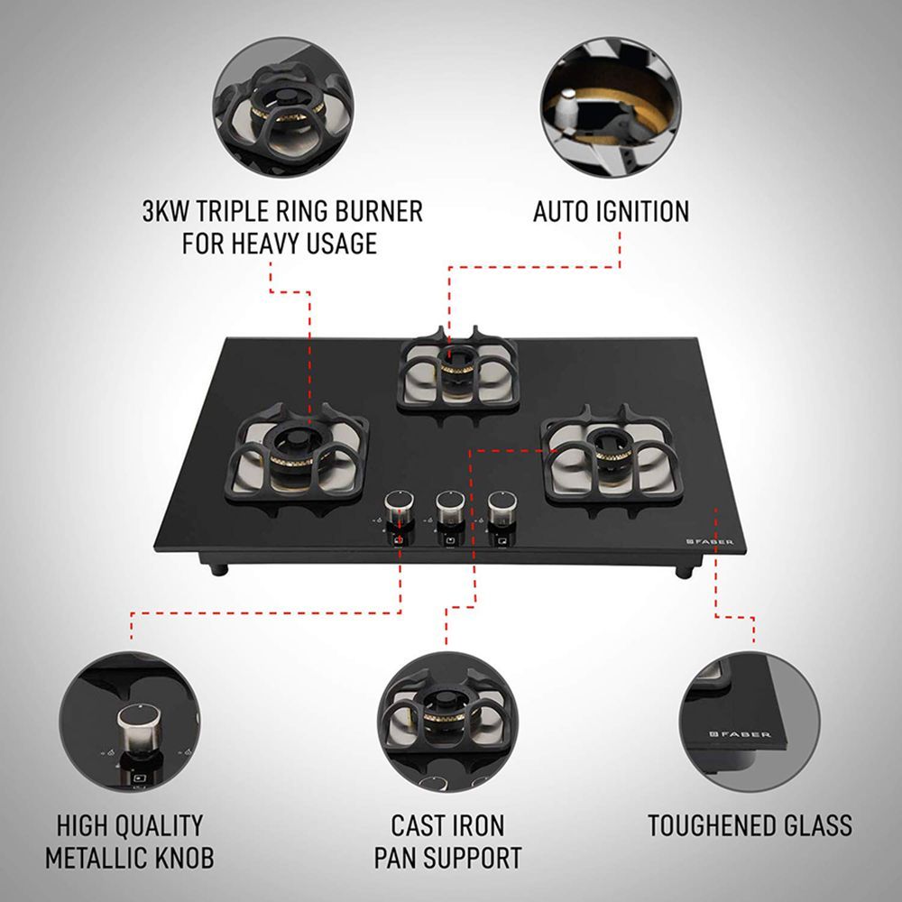 Faber Imperia 783 BRB CI BK Toughened Glass Top 3 Burner Automatic Hob (High Quality Knob, Black) Faber Imperia 783 BRB CI BK Toughened Glass Top 3 Burner Automatic Hob (High Quality Knob, Black)_6