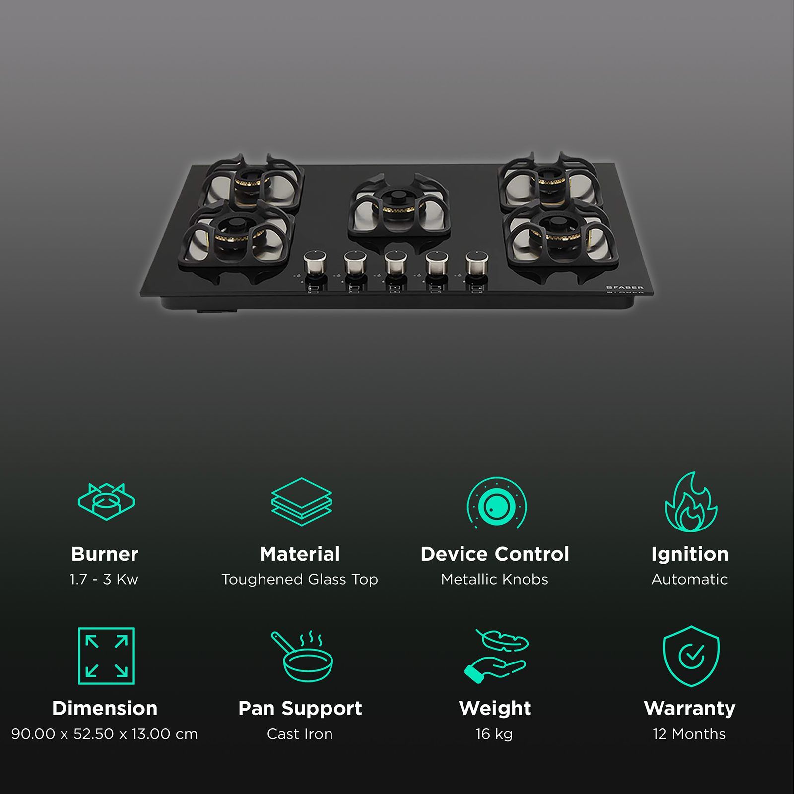 Faber Imperia 905 BRB CI BK Toughened Glass Top 5 Burner Automatic Hob (High Quality Knob, Black) Faber Imperia 905 BRB CI BK Toughened Glass Top 5 Burner Automatic Hob (High Quality Knob, Black)_3