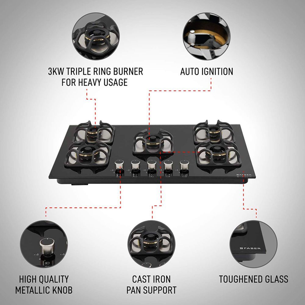Faber Imperia 905 BRB CI BK Toughened Glass Top 5 Burner Automatic Hob (High Quality Knob, Black) Faber Imperia 905 BRB CI BK Toughened Glass Top 5 Burner Automatic Hob (High Quality Knob, Black)_5