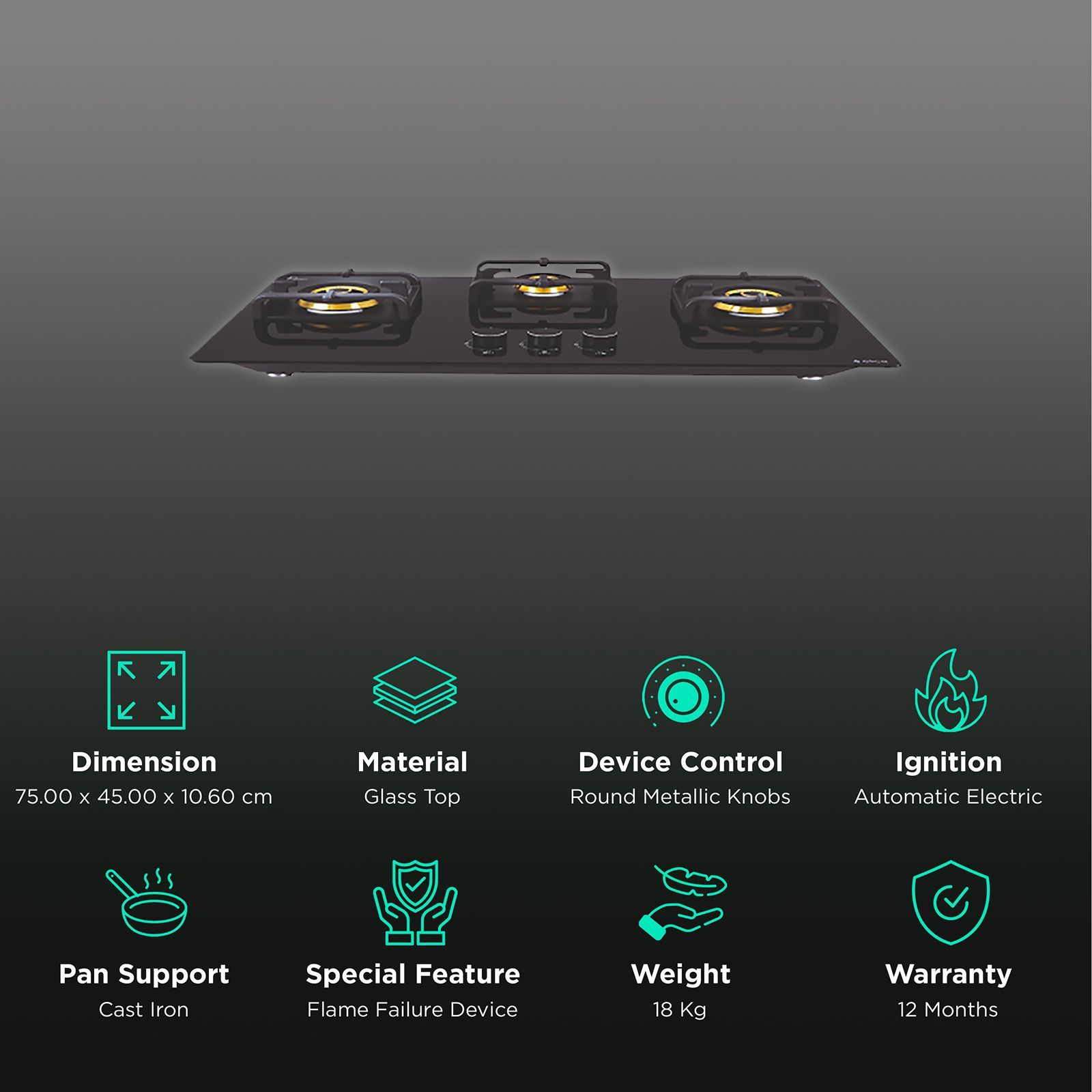 Elica Flexi Pro FB 3B 75 MT DX Glass Top 3 Burner Automatic Electric Hob (Round Metallic Knob, Black)_3