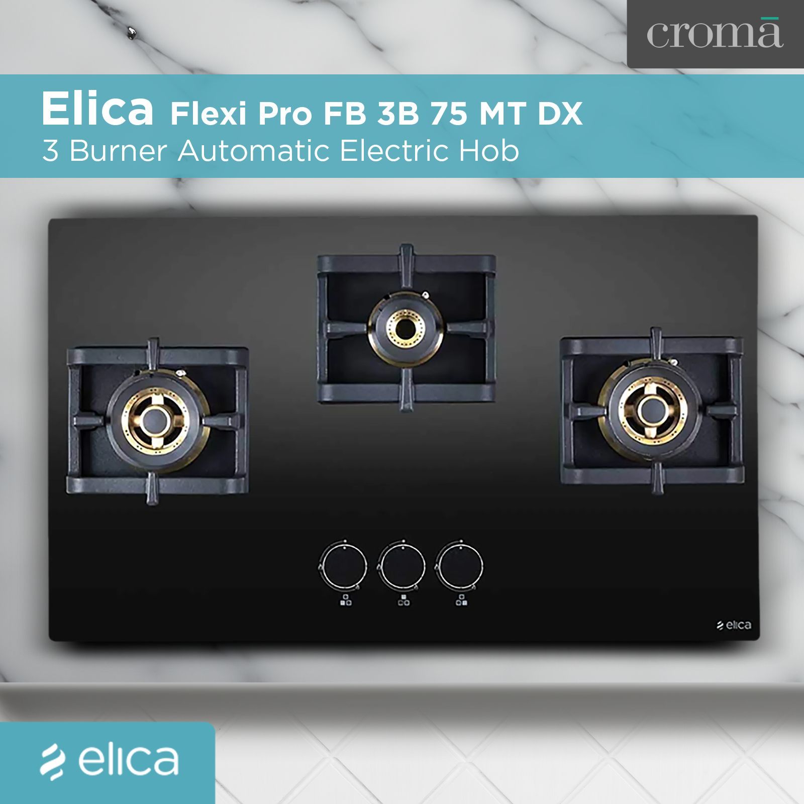 Elica Flexi Pro FB 3B 75 MT DX Glass Top 3 Burner Automatic Electric Hob (Round Metallic Knob, Black)_9