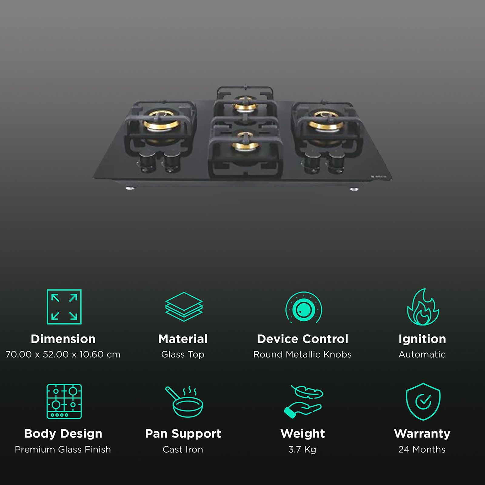 Elica Flexi Pro FB 4B 70 MT DX Glass Top 4 Burner Automatic Hob (Round Metallic Knob, Black)_3