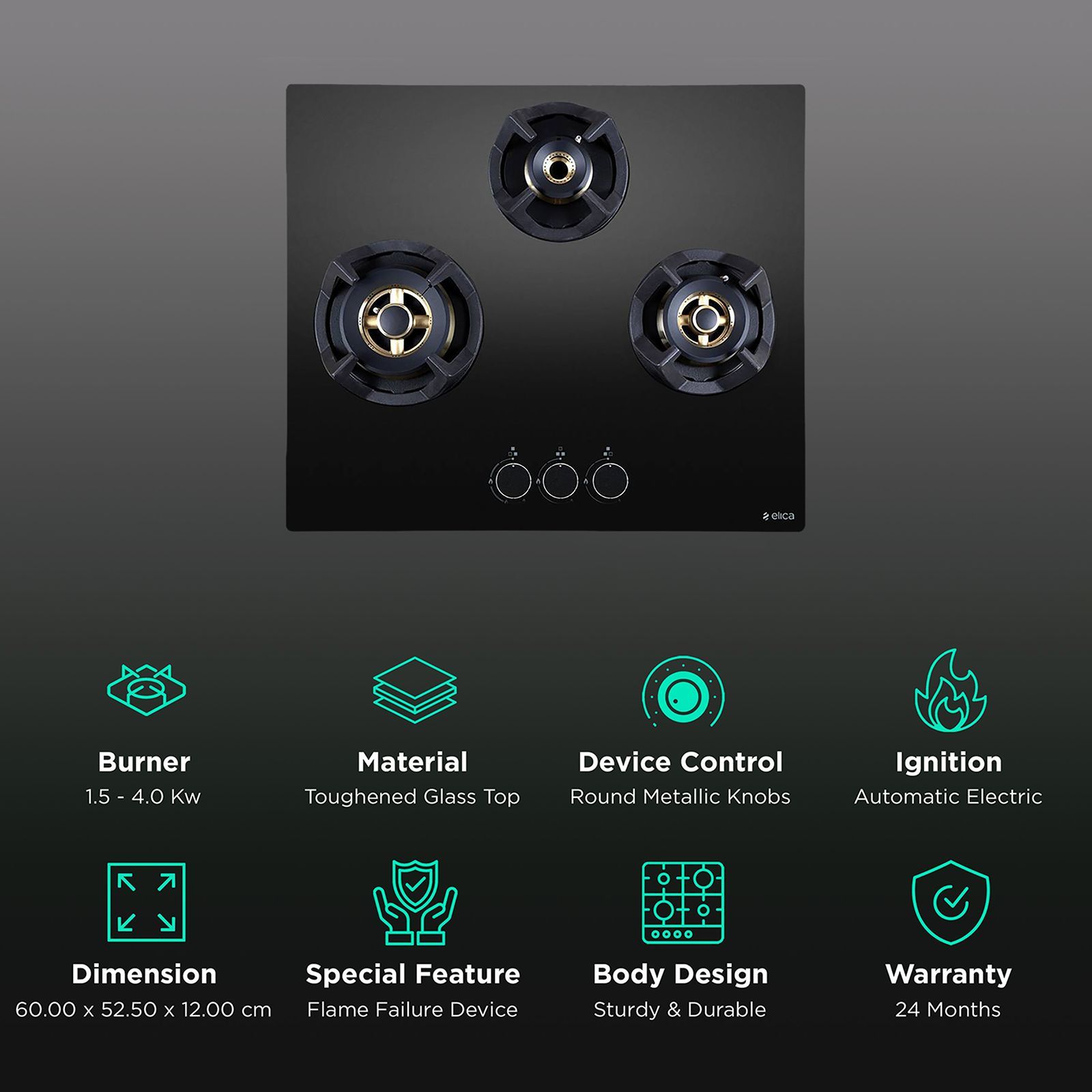 Elica CLASSIC FLEXI FB MFC 3B 60 MT Toughened Glass Top 3 Burner Automatic Electric Hob (Round Metallic Knob, Black) Elica CLASSIC FLEXI FB MFC 3B 60 MT Toughened Glass Top 3 Burner Automatic Electric Hob (Round Metallic Knob, Black)_3