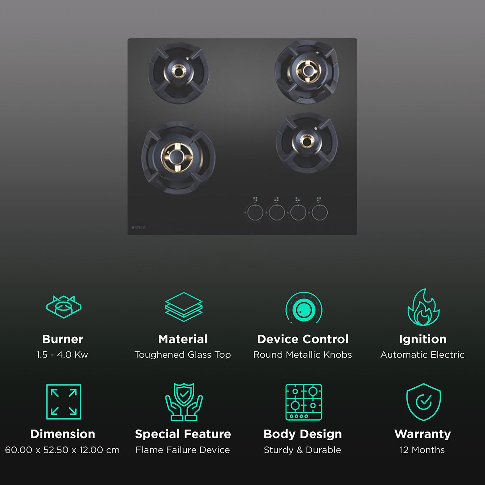 Elica CLASSIC FLEXI FB MFC 4B 60 MT Toughened Glass Top 4 Burner Automatic Electric Hob (Round Metallic Knob, Black)_3