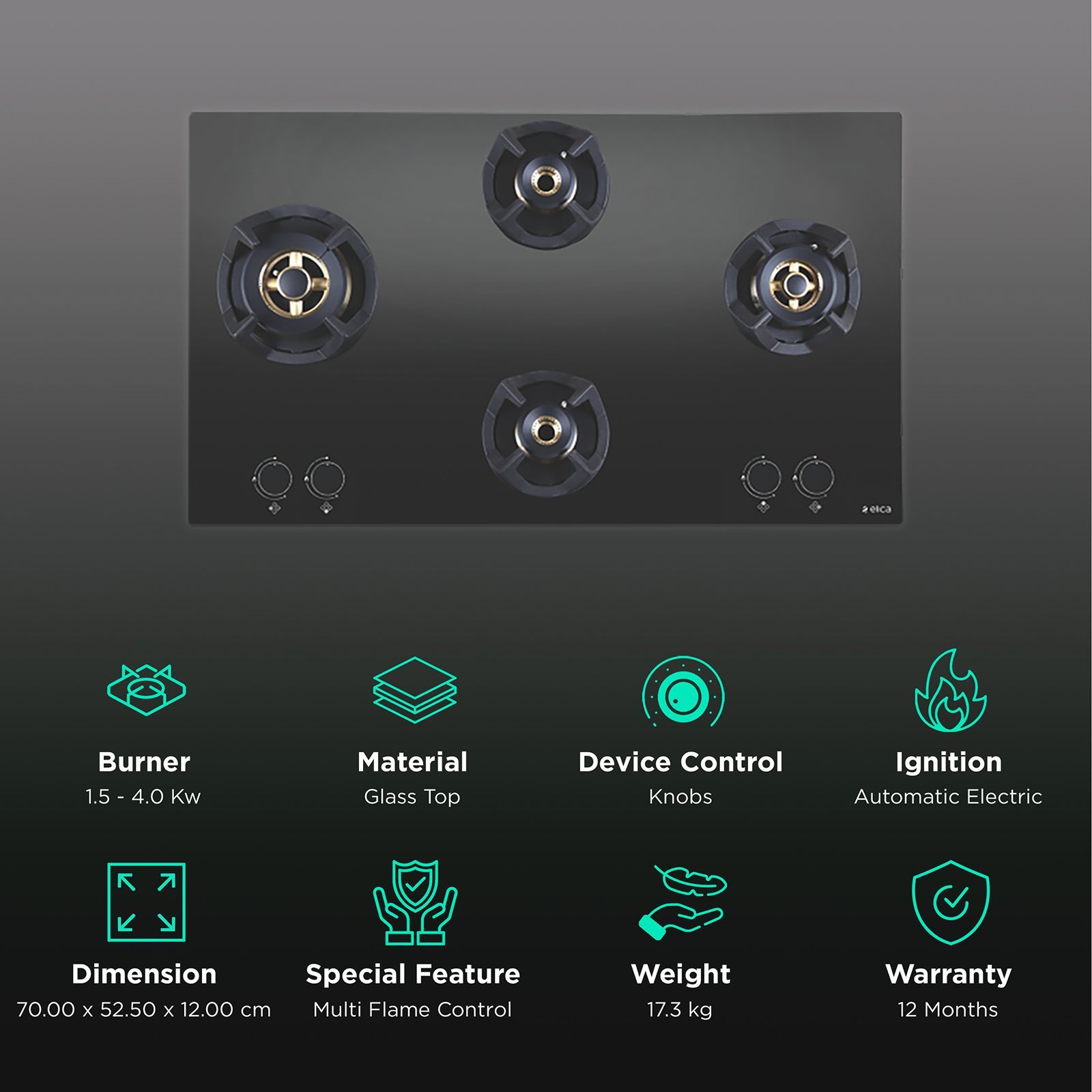 Elica CLASSIC FLEXI FB MFC 4B 70 MT Glass Top 4 Burner Automatic Electric Hob (Round Metallic Knob, Black)_3