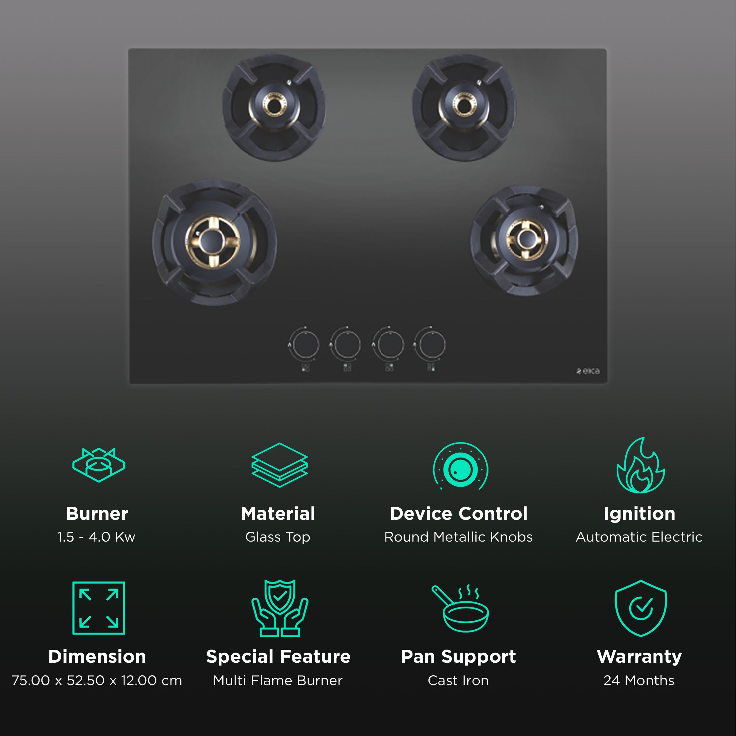 Elica CLASSIC FLEXI FB MFC 4B 75 MT Glass Top 4 Burner Automatic Electric Hob (Round Metallic Knob, Black)_3