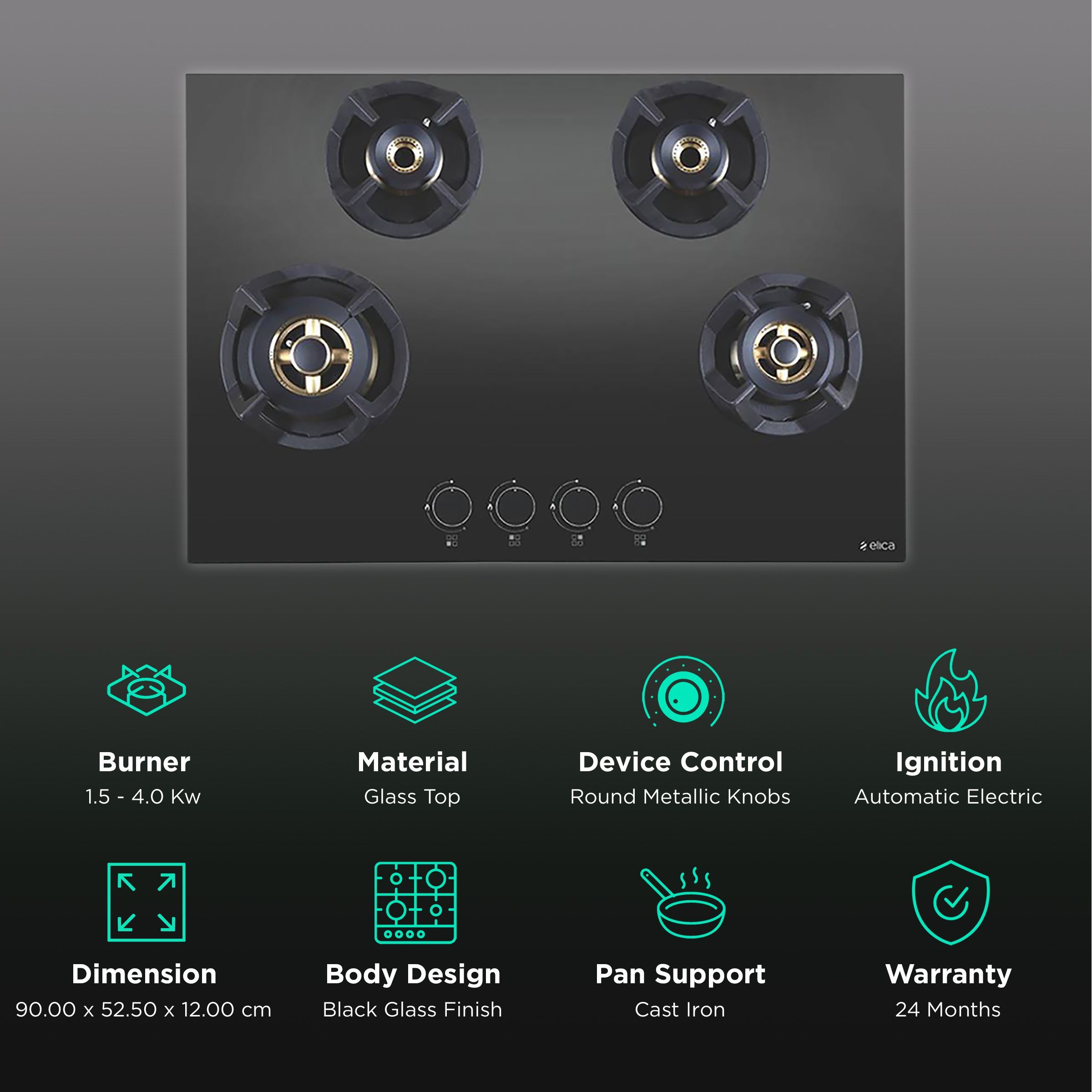 Elica CLASSIC FLEXI FB MFC 4B 90 MT Glass Top 4 Burner Automatic Electric Hob (Round Metallic Knob, Black)_3