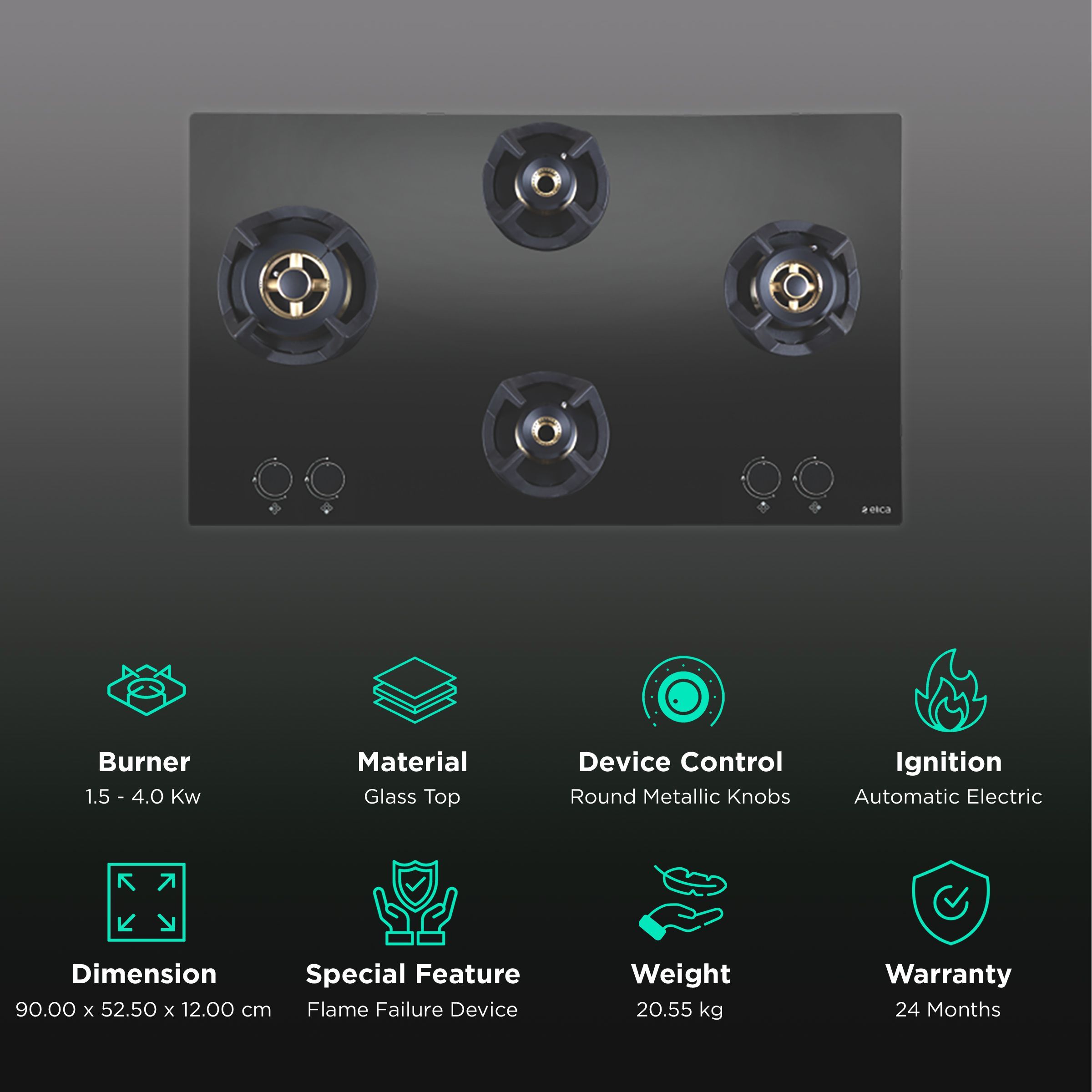 Elica CLASSIC FLEXI FB MFC 4B 91 MT Glass Top 4 Burner Automatic Electric Hob (Round Metallic Knob, Black)_3