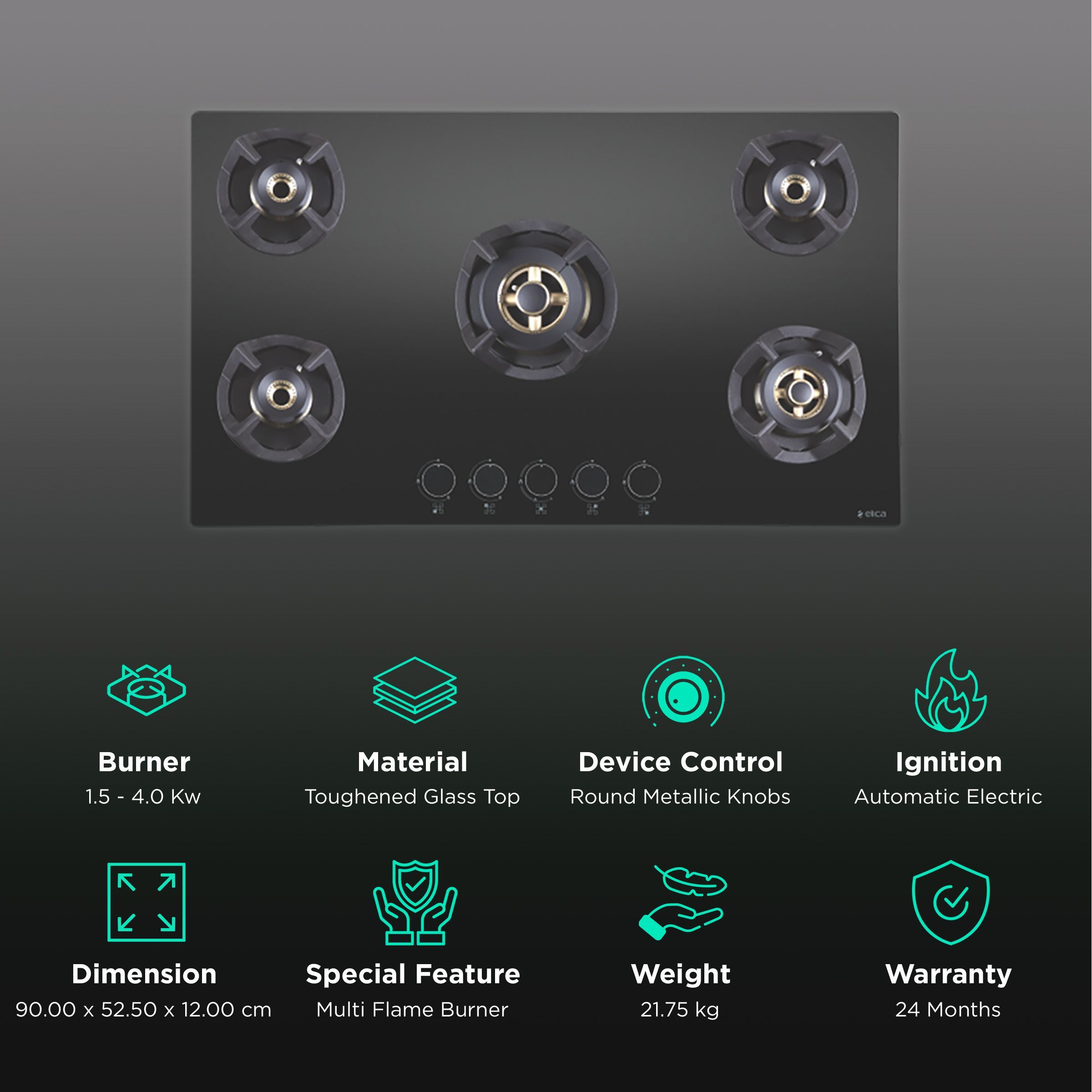 Elica CLASSIC FLEXI FB MFC 5B 90 MT Toughened Glass Top 5 Burner Automatic Electric Hob (Round Metallic Knob, Black) Elica CLASSIC FLEXI FB MFC 5B 90 MT Toughened Glass Top 5 Burner Automatic Electric Hob (Round Metallic Knob, Black)_3