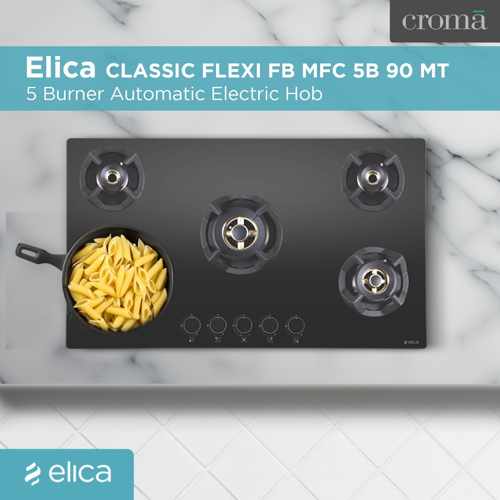 Elica CLASSIC FLEXI FB MFC 5B 90 MT Toughened Glass Top 5 Burner Automatic Electric Hob (Round Metallic Knob, Black) Elica CLASSIC FLEXI FB MFC 5B 90 MT Toughened Glass Top 5 Burner Automatic Electric Hob (Round Metallic Knob, Black)_4