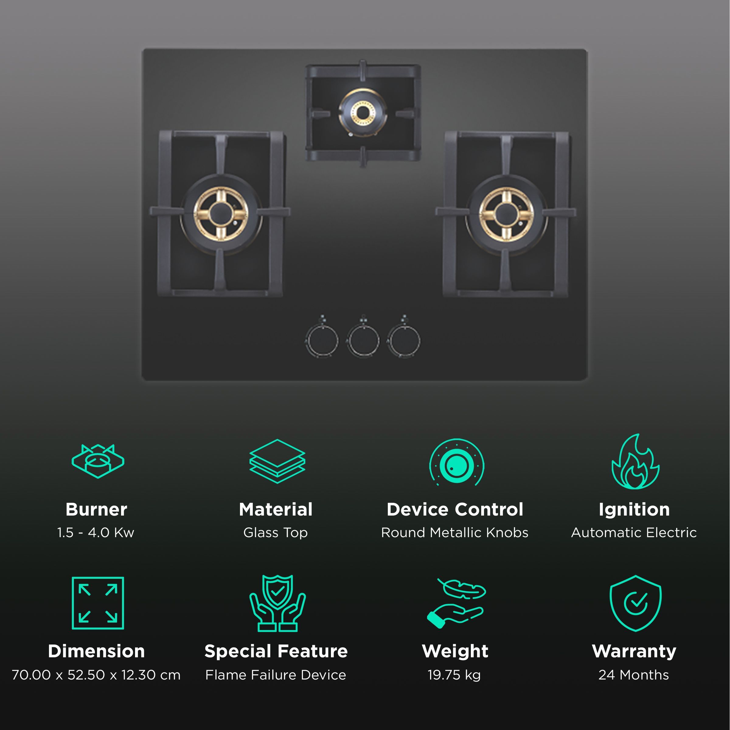 Elica PRO FB MFC 3B 70 DX FFD Glass Top 3 Burner Automatic Electric Hob (Round Metallic Knob, Black)_3