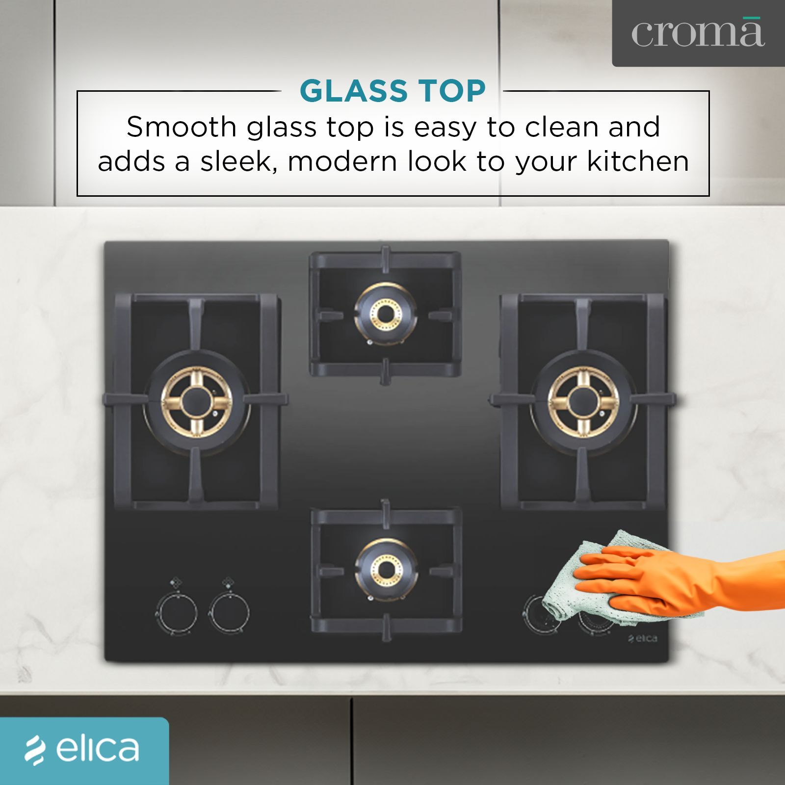 Elica PRO FB MFC 4B 70 DX FFD Glass Top 4 Burner Automatic Electric Hob (Round Metallic Knob, Black)_6