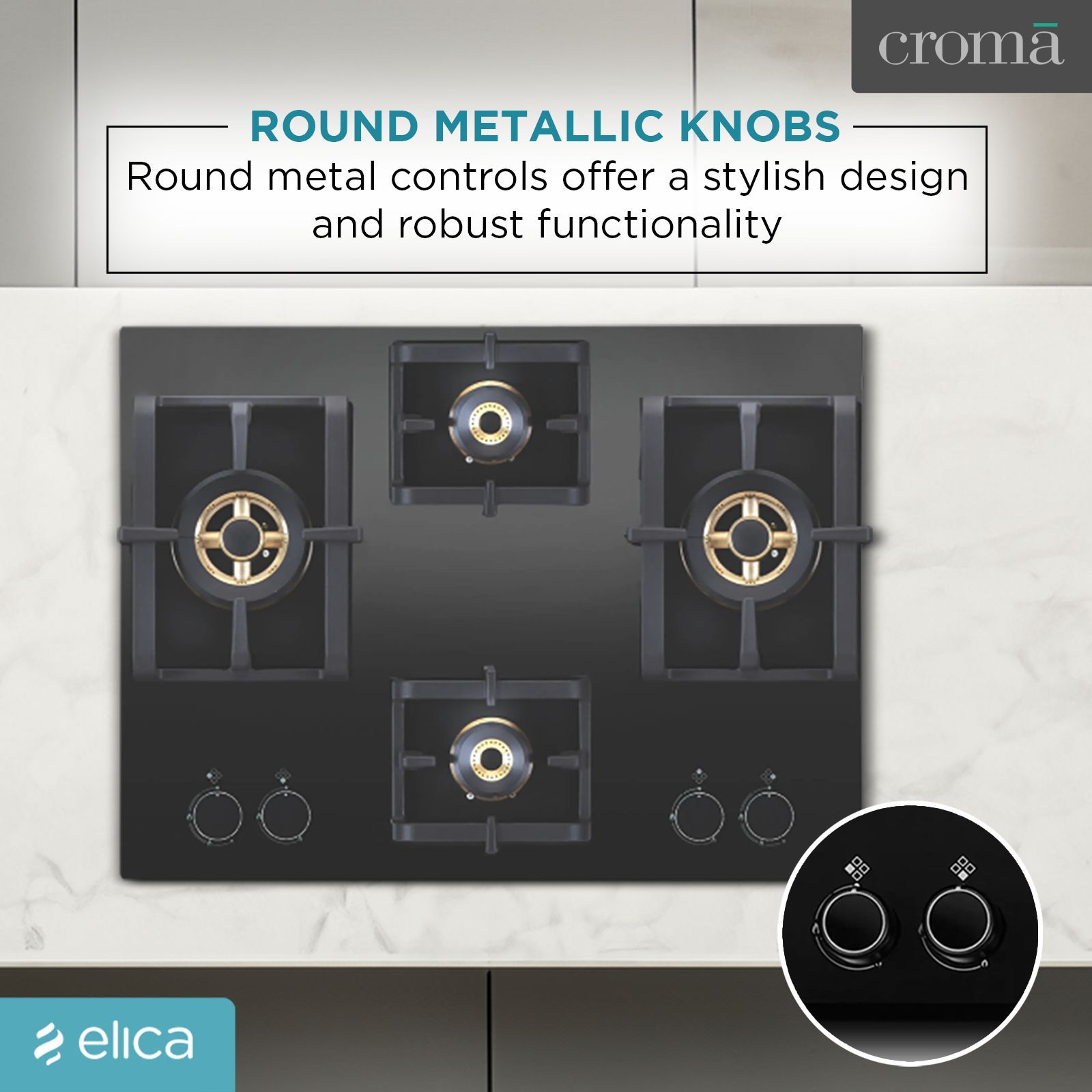 Elica PRO FB MFC 4B 70 DX FFD Glass Top 4 Burner Automatic Electric Hob (Round Metallic Knob, Black)_7