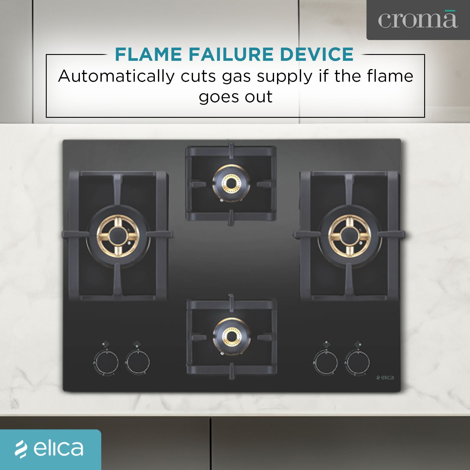 Elica PRO FB MFC 4B 70 DX FFD Glass Top 4 Burner Automatic Electric Hob (Round Metallic Knob, Black)_9