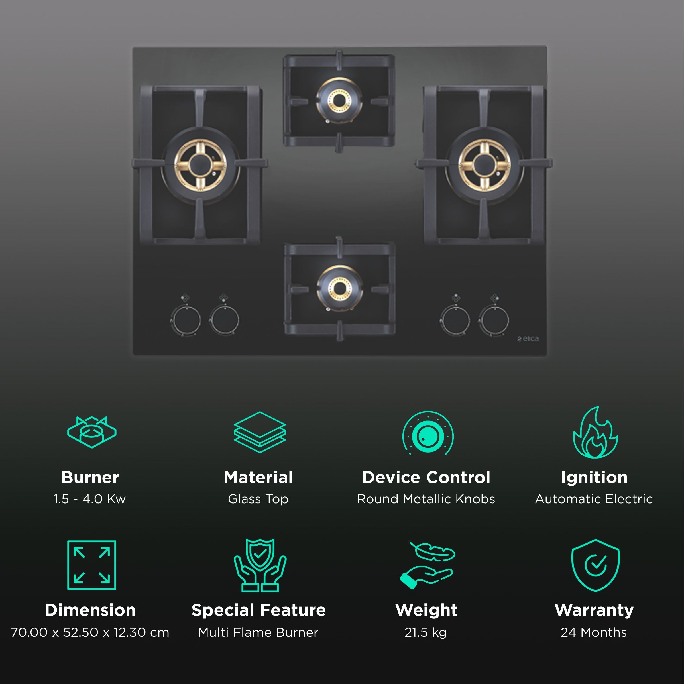 Elica PRO FB MFC 4B 70 DX FFD Glass Top 4 Burner Automatic Electric Hob (Round Metallic Knob, Black)_3