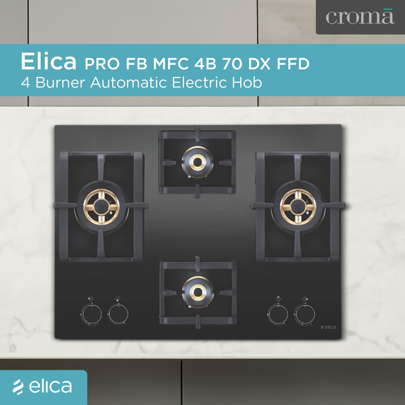 Elica PRO FB MFC 4B 70 DX FFD Glass Top 4 Burner Automatic Electric Hob (Round Metallic Knob, Black)_4