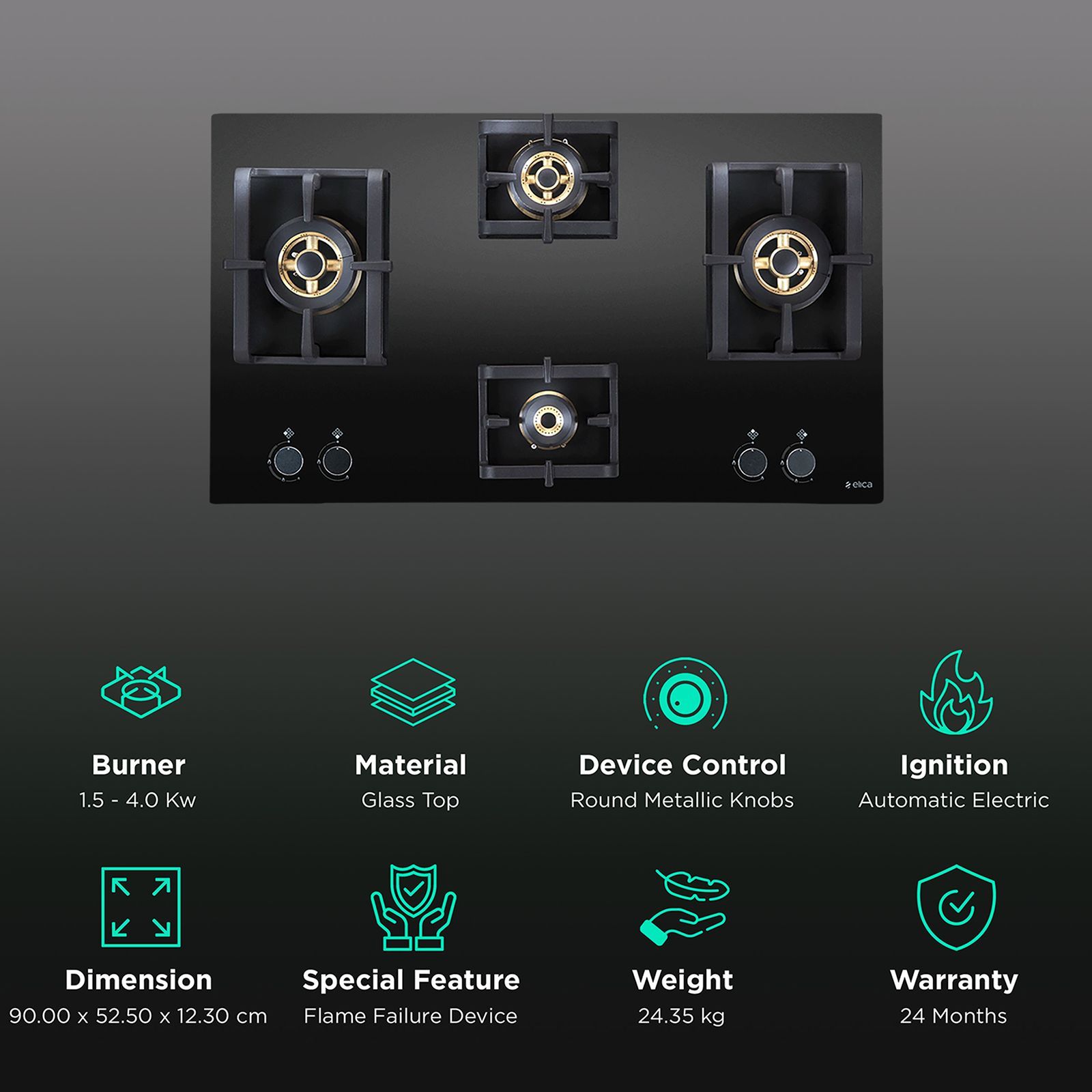 Elica PRO FB MFC 4B 91 DX FFD Glass Top 4 Burner Automatic Electric Hob (Round Metallic Knob, Black)_3