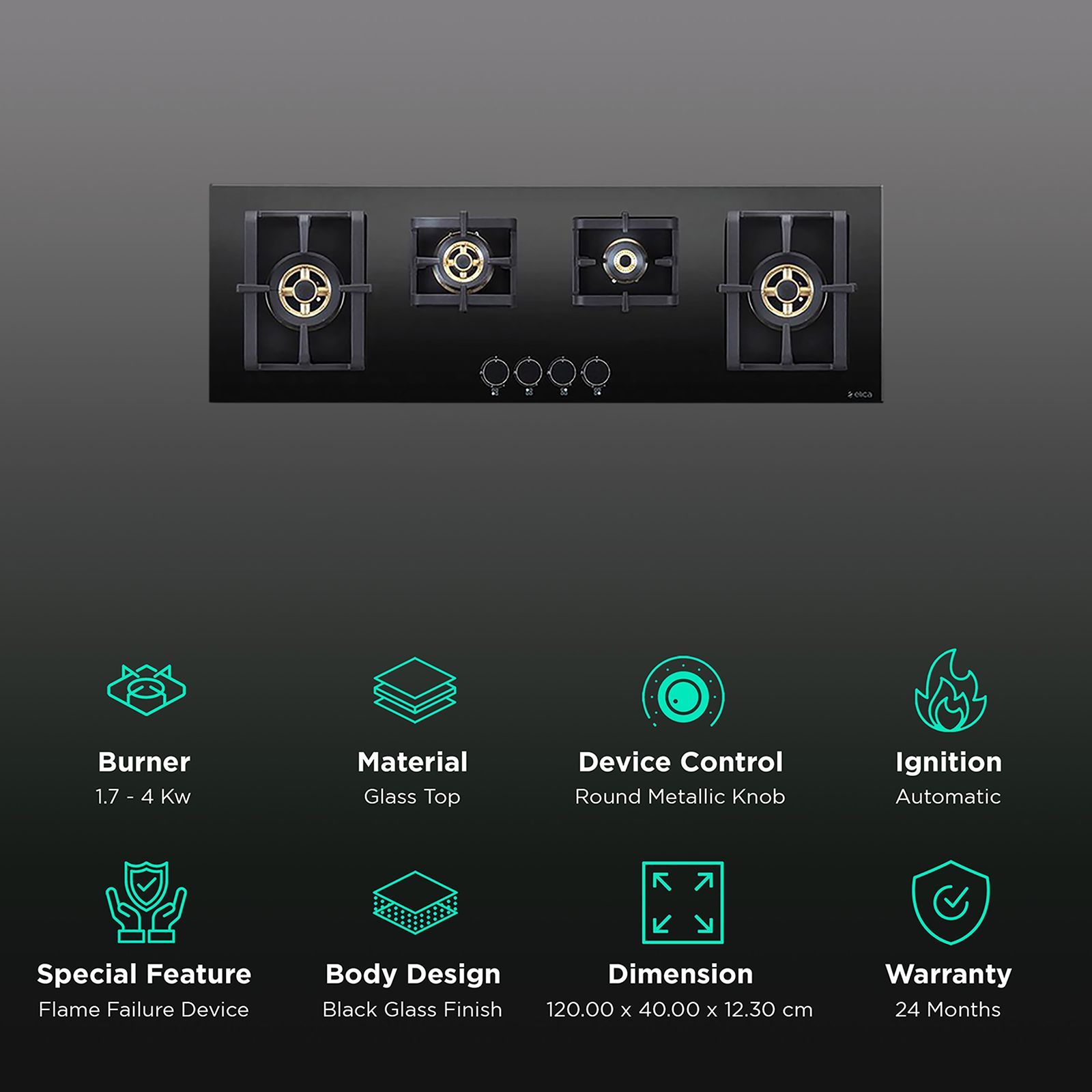Elica PRO FB MFC 4B 120 DX FFD Glass Top 4 Burner Automatic Electric Hob (Round Metallic Knob, Black)_3