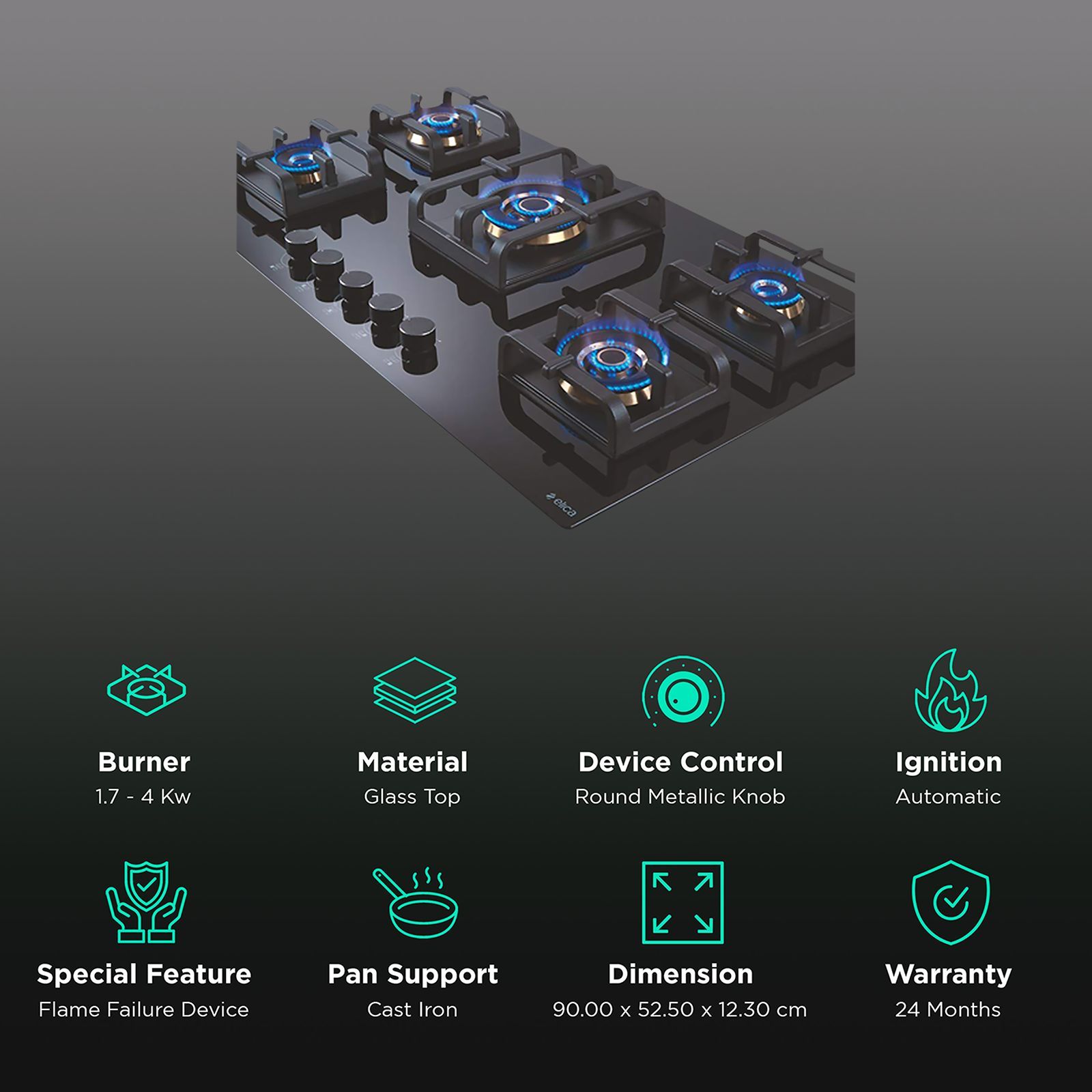 Elica PRO FB MFC 5B 90 MT FFD Glass Top 5 Burner Automatic Electric Hob (Round Metallic Knob, Black)_3