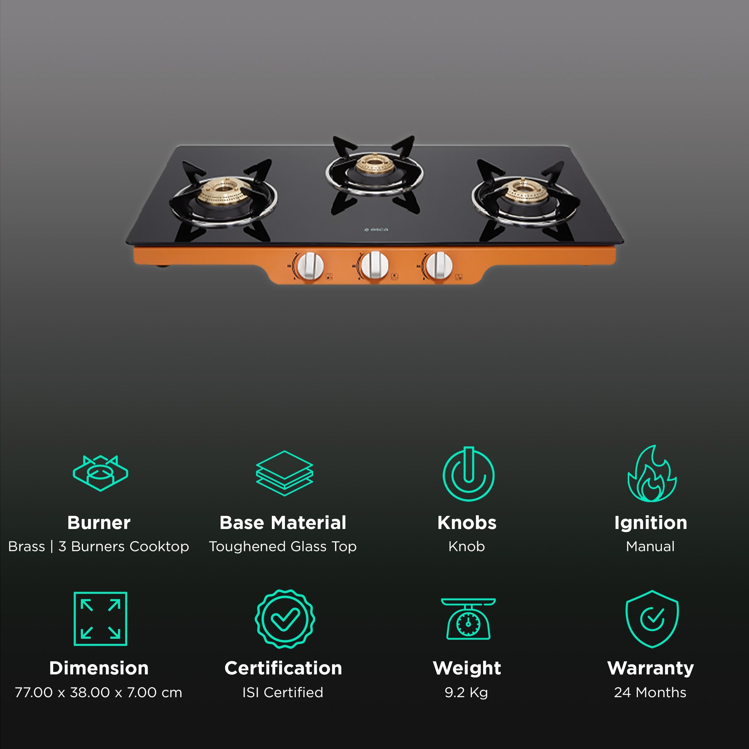 Elica Patio ICT DT 773 ORG AI S Toughened Glass Top 3 Burner Manual Gas Stove (Double Drip Tray, Black/Orange) Elica Patio ICT DT 773 ORG AI S Toughened Glass Top 3 Burner Manual Gas Stove (Double Drip Tray, Black/Orange)_3