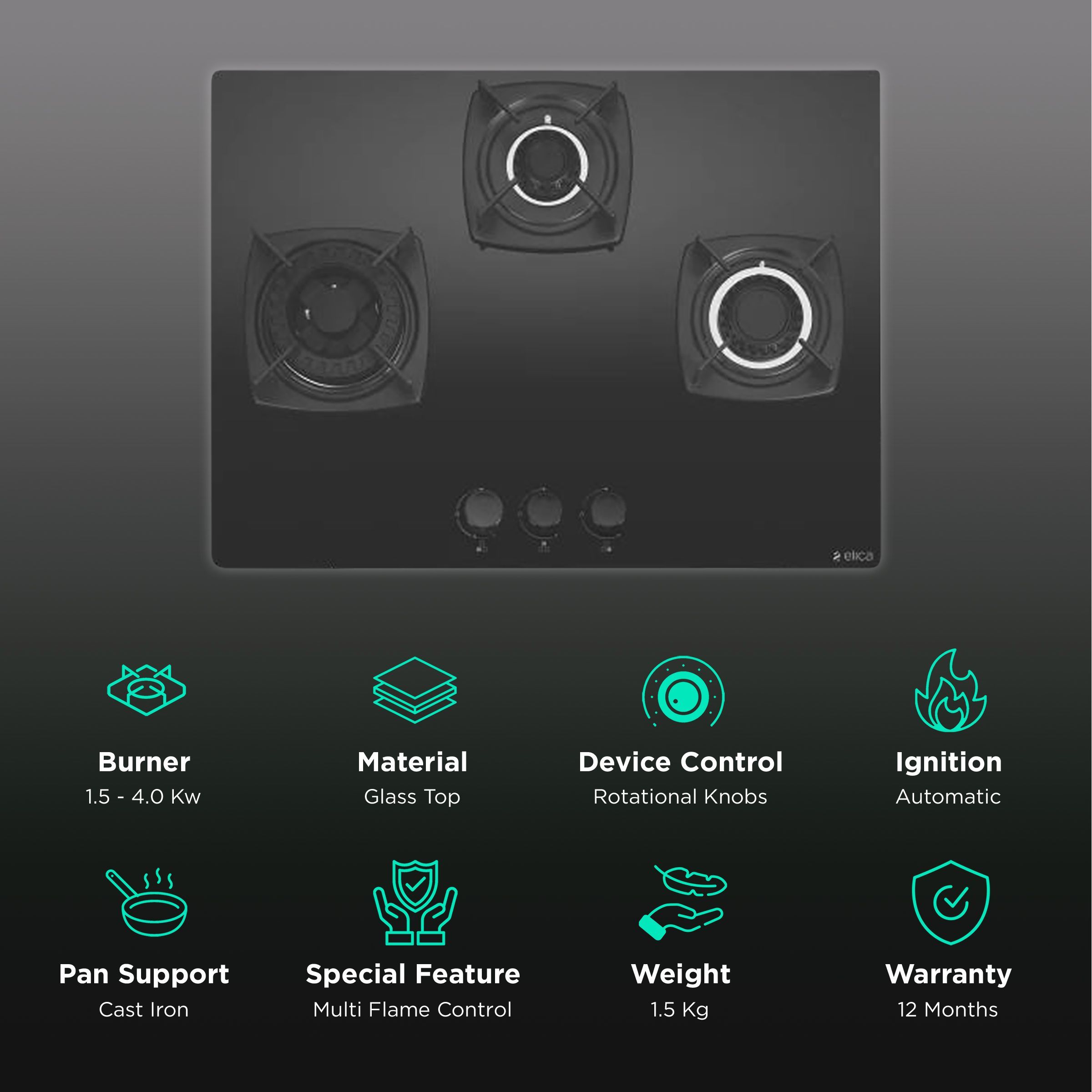 Elica DT MFC 3B 60 SWIRL Glass Top 3 Burner Automatic Hob (Cast Iron Grid, Black)_3