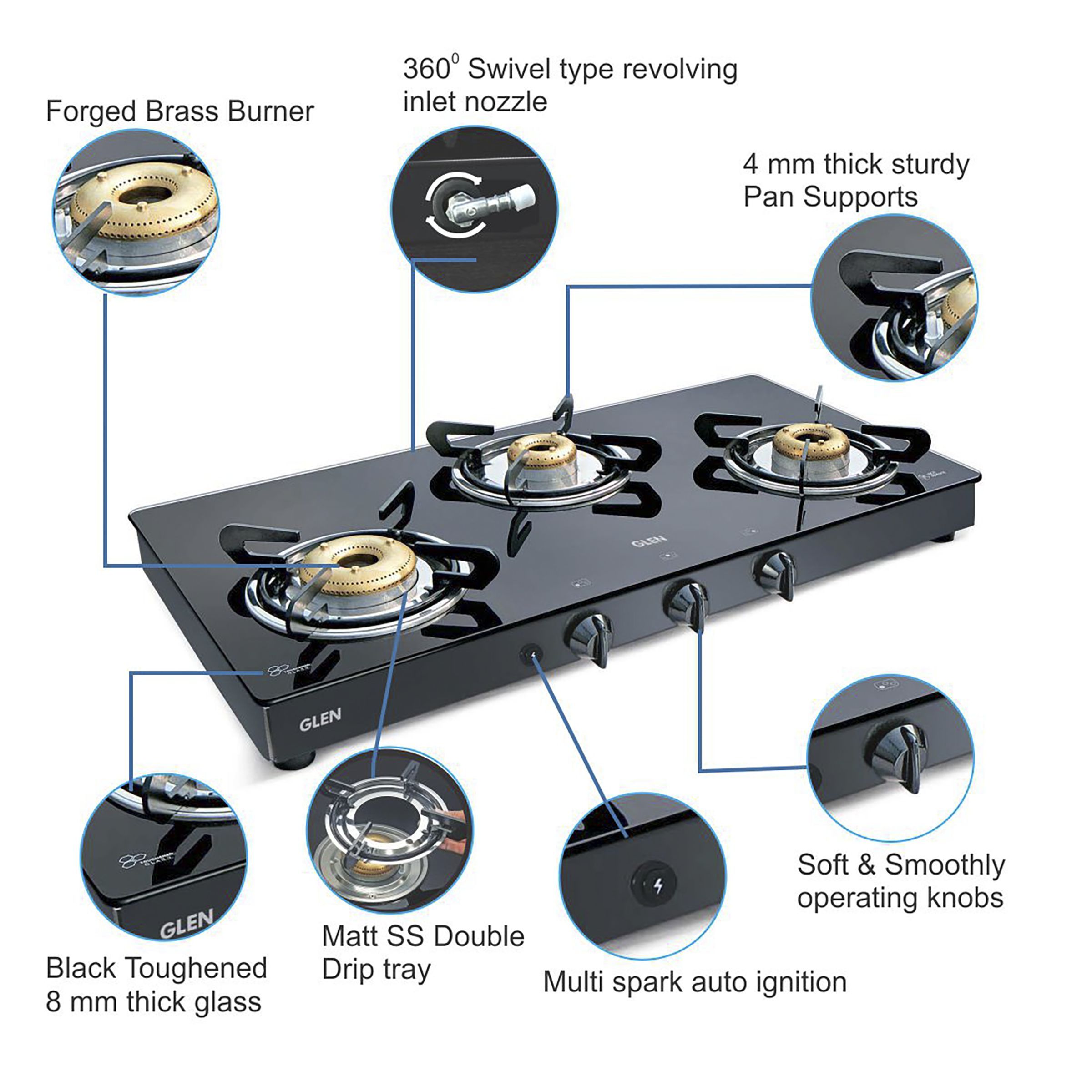 Glen 1033 GT XL FB BL DD AI Toughened Glass Top 3 Burner Automatic Gas Stove (Scratch & Stain Resistant, Black)_9