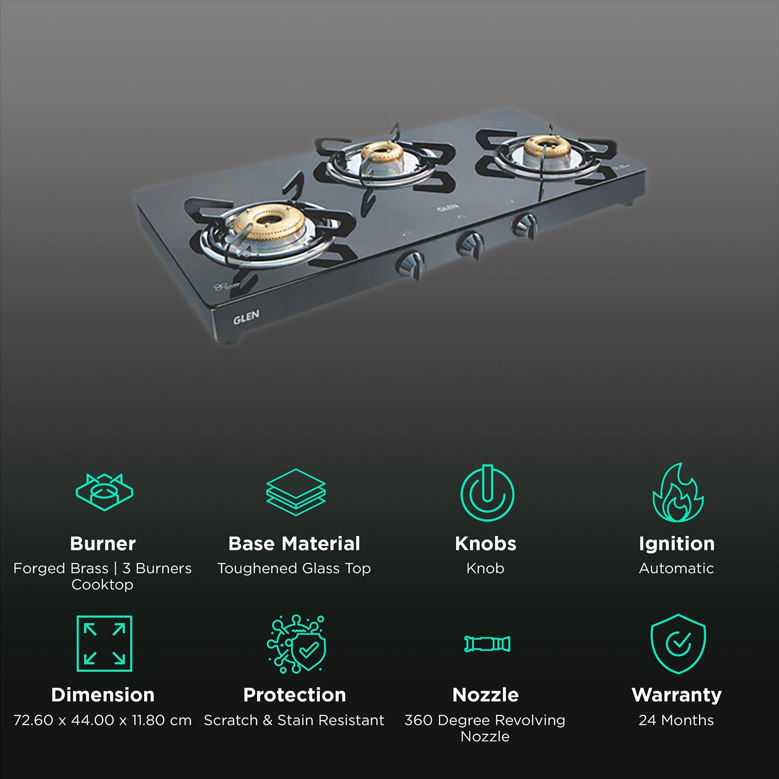 Glen 1033 GT XL FB BL DD AI Toughened Glass Top 3 Burner Automatic Gas Stove (Scratch & Stain Resistant, Black)_3