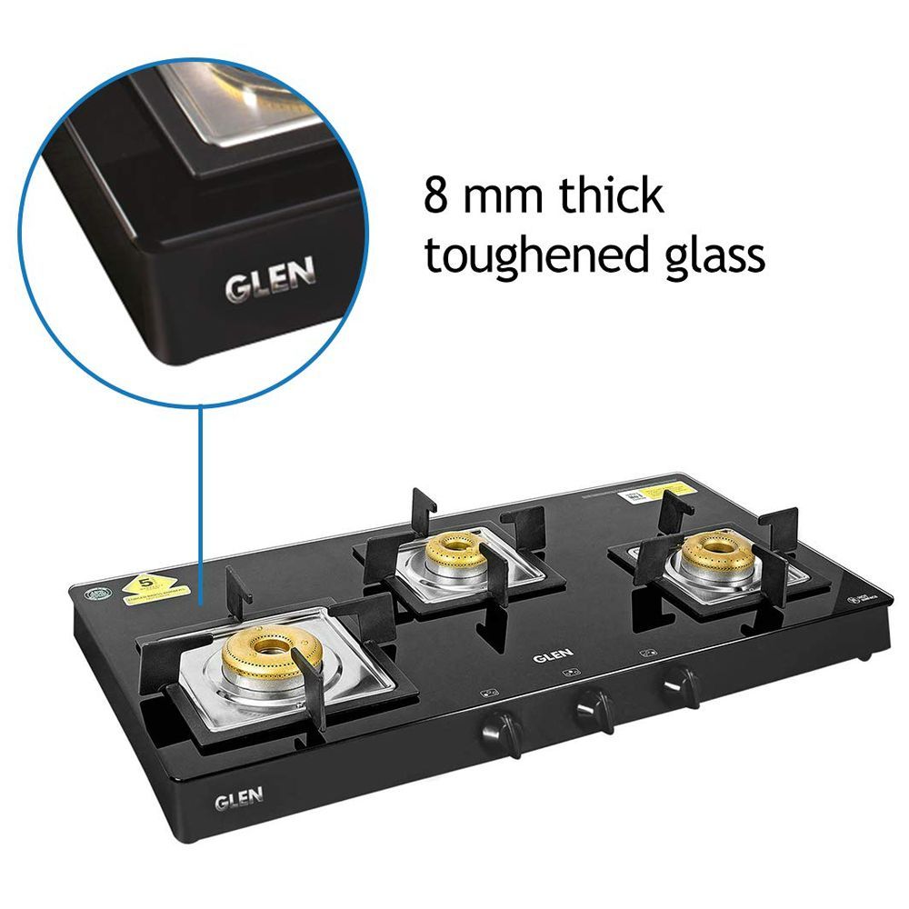Glen 1038 SQ BL FB Toughened Glass Top 3 Burner Manual Gas Stove (Scratch & Stain Resistant, Black)_5