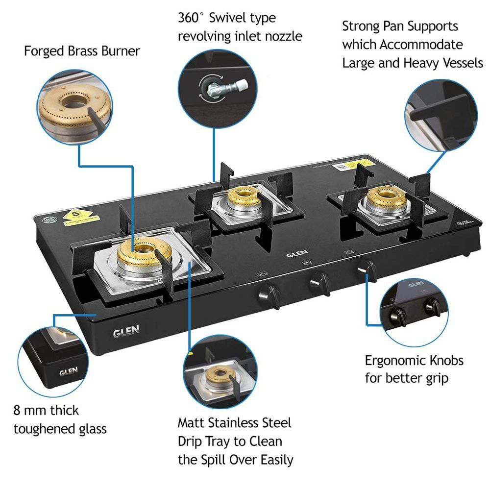 Glen 1038 SQ BL FB Toughened Glass Top 3 Burner Manual Gas Stove (Scratch & Stain Resistant, Black)_6