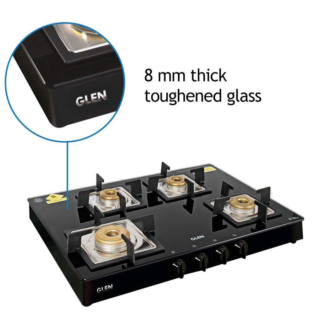 Glen 1048 GT SQ BL FB Toughened Glass Top 4 Burner Manual Gas Stove (360 Degree Revolving Nozzle, Black)_5