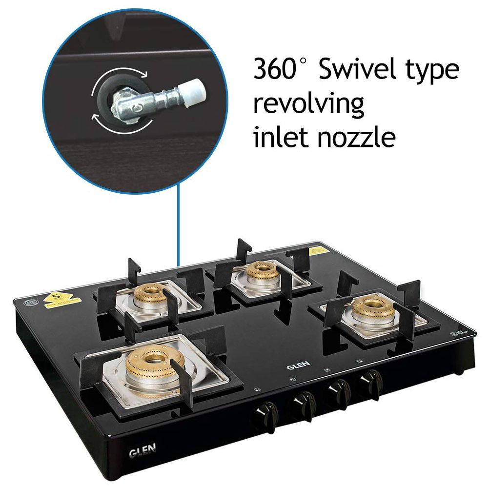 Glen 1048 GT SQ BL FB Toughened Glass Top 4 Burner Manual Gas Stove (360 Degree Revolving Nozzle, Black)_6
