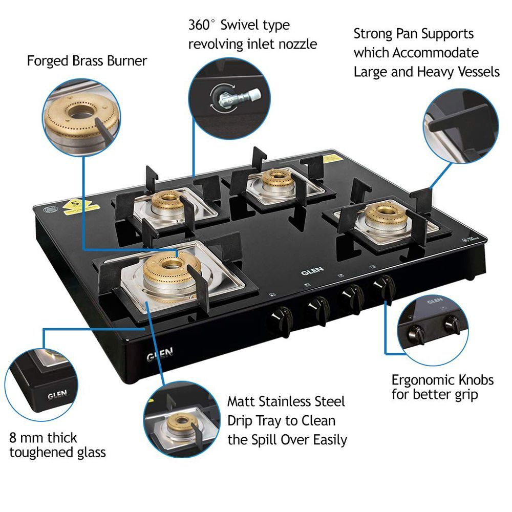 Glen 1048 GT SQ BL FB Toughened Glass Top 4 Burner Manual Gas Stove (360 Degree Revolving Nozzle, Black)_7