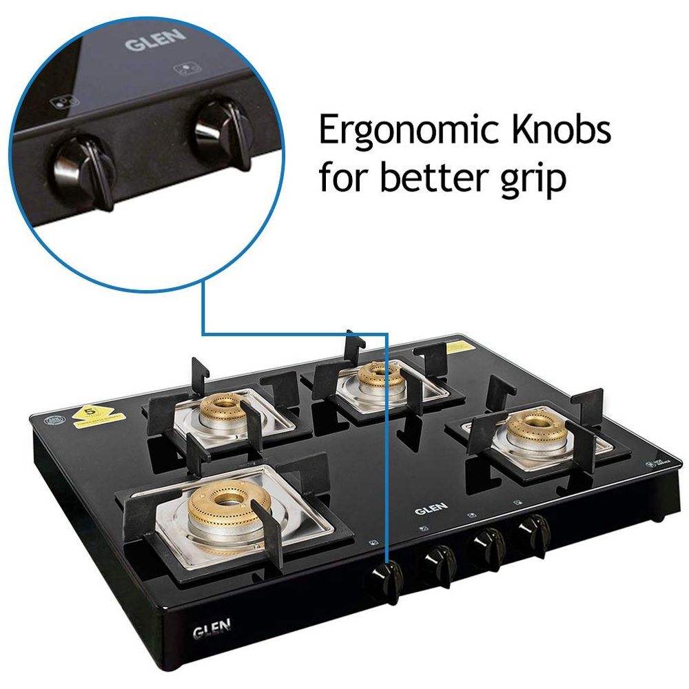 Glen 1048 GT SQ BL FB Toughened Glass Top 4 Burner Manual Gas Stove (360 Degree Revolving Nozzle, Black)_8