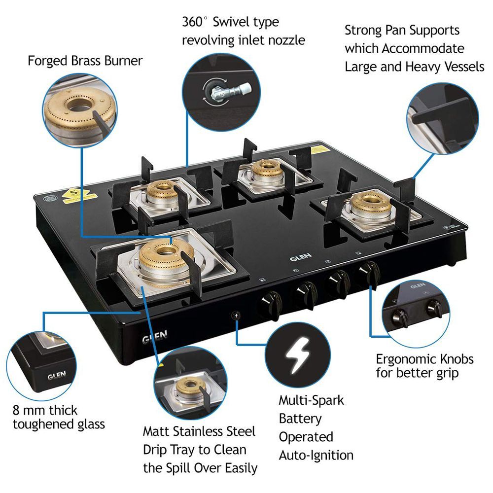 Glen 1048 GT SQ BL FB AI Toughened Glass Top 4 Burner Automatic Gas Stove (Scratch & Stain Resistant, Black)_7